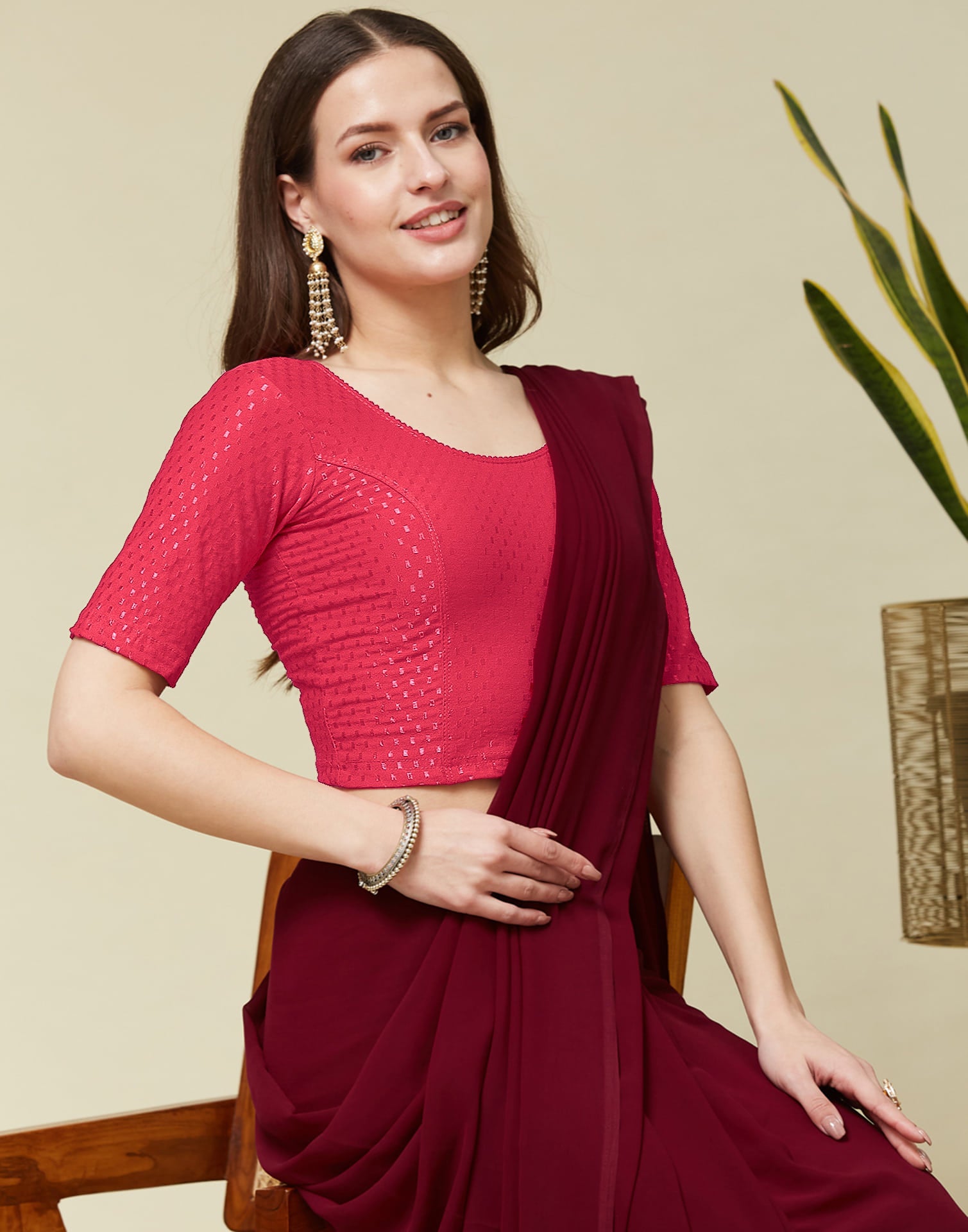 Dark Peach Cotton Lycra Dyed Self Woven Blouse