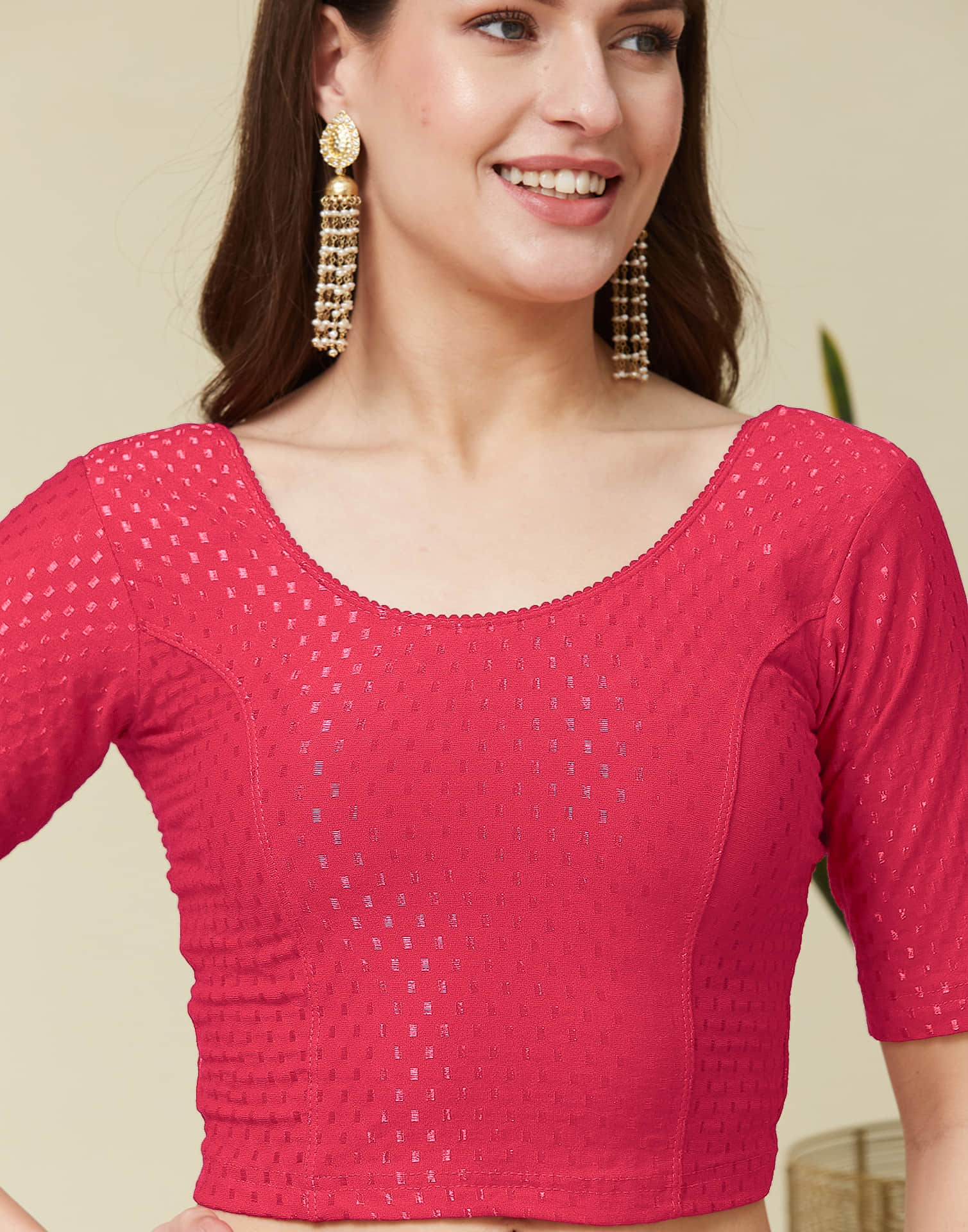 Dark Peach Cotton Lycra Dyed Self Woven Blouse