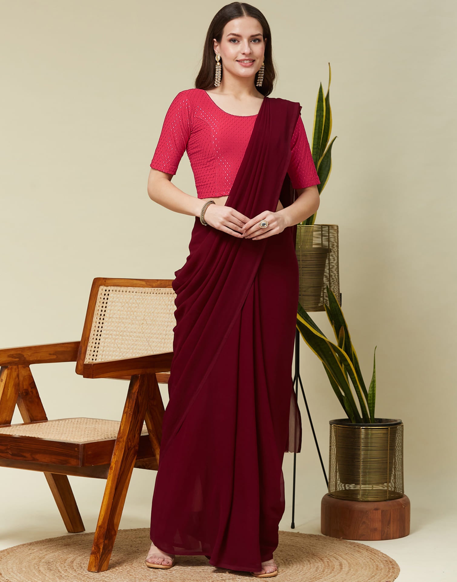 Dark Peach Cotton Lycra Dyed Self Woven Blouse