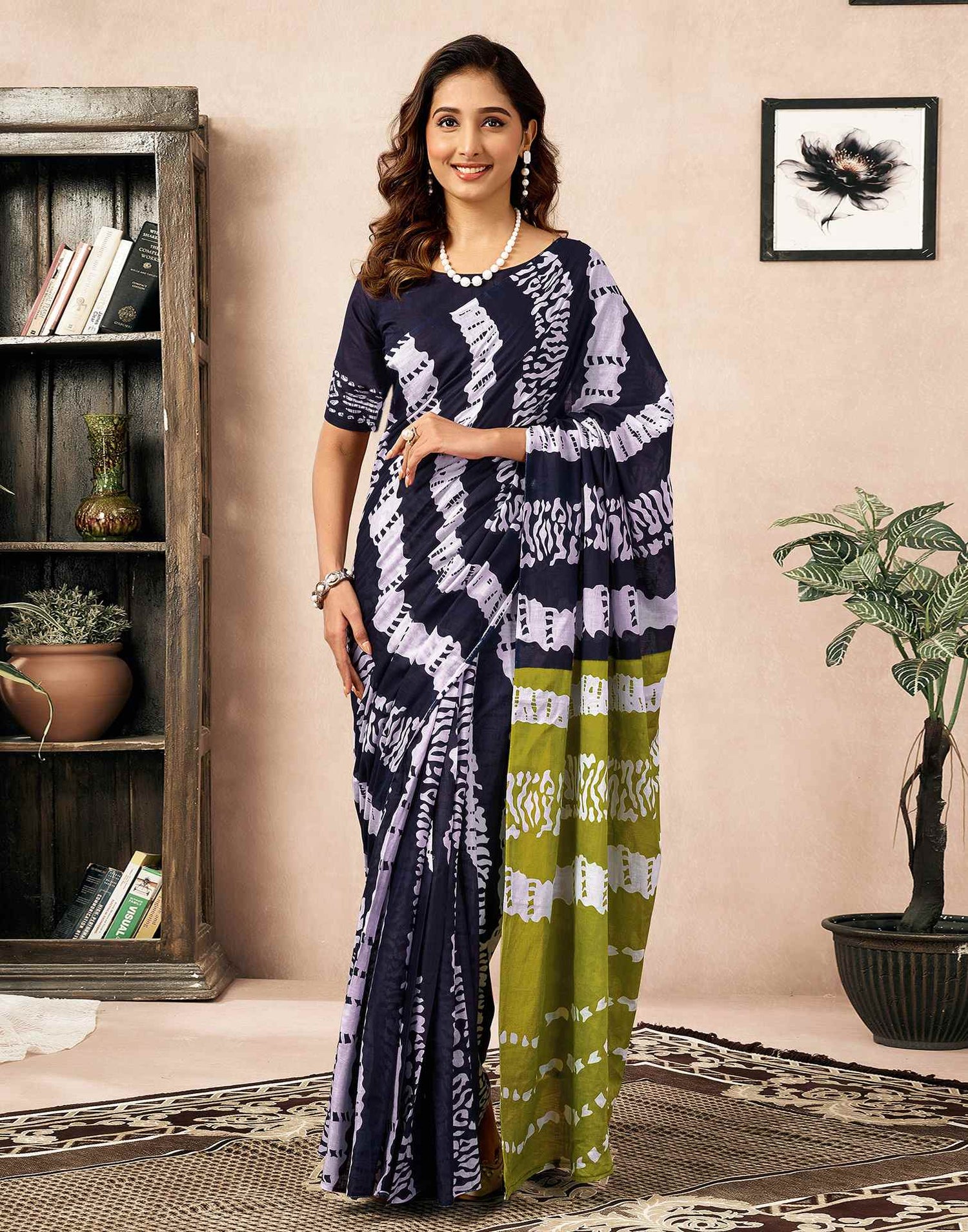 Ready To Wear Navy Blue Cotton Printed Saree With Pocket
