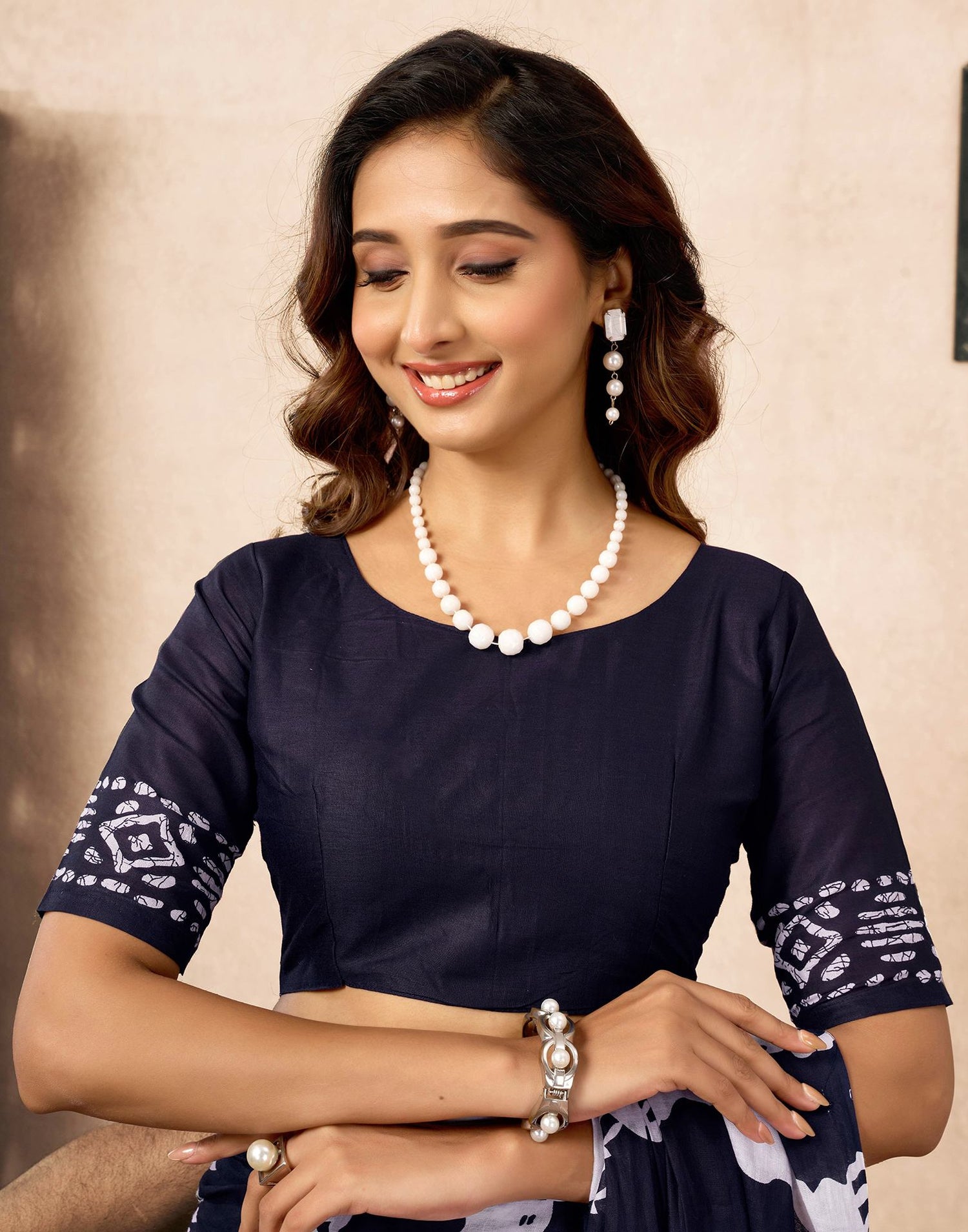 Ready To Wear Navy Blue Cotton Printed Saree With Pocket