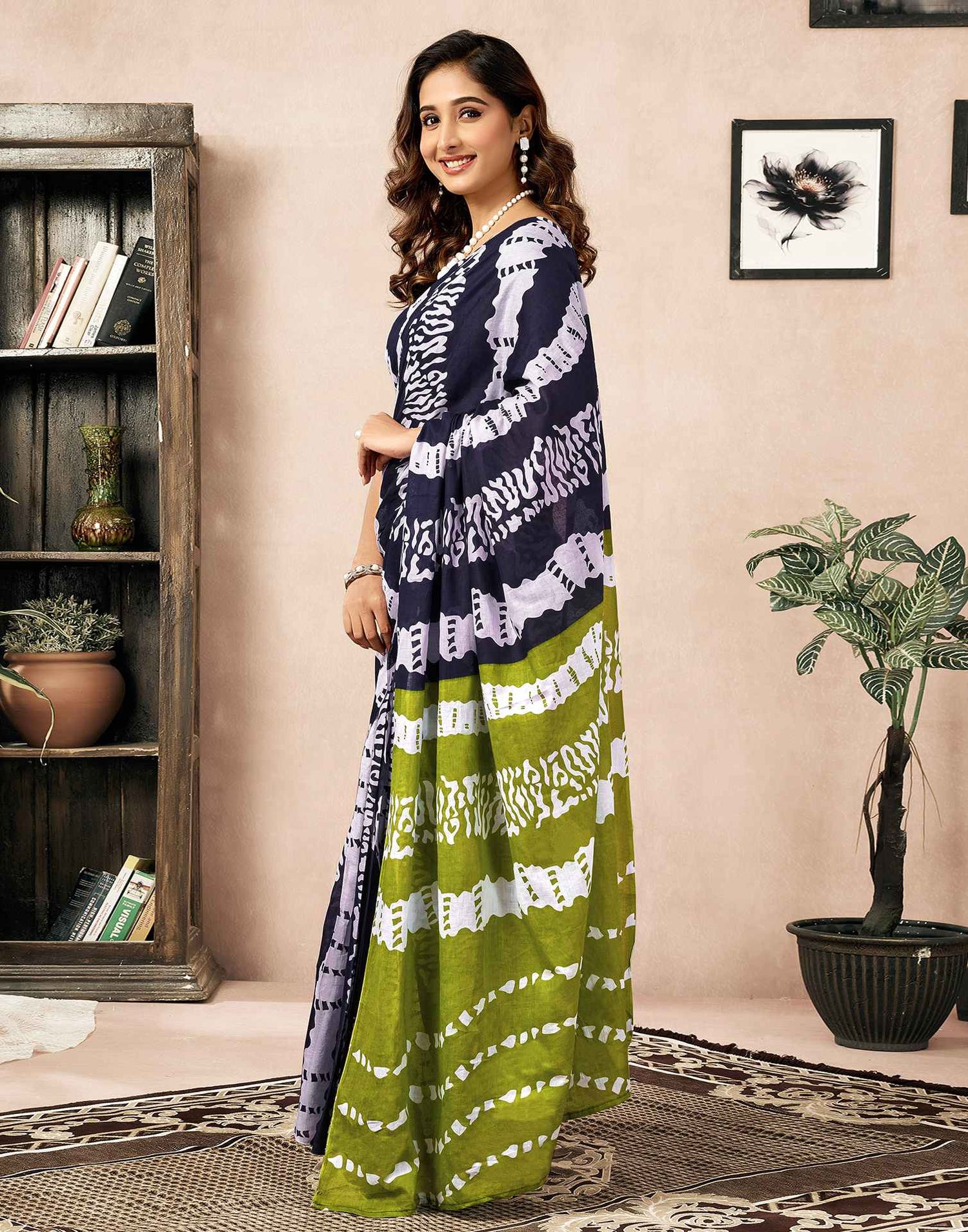 Ready To Wear Navy Blue Cotton Printed Saree With Pocket