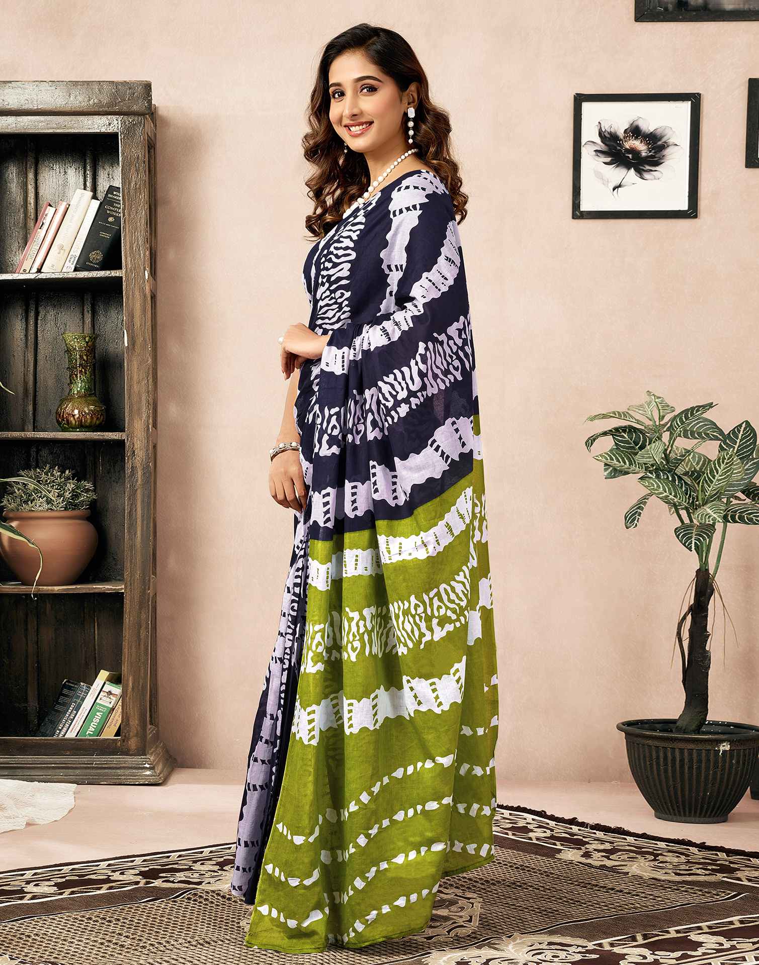 Ready To Wear Navy Blue Cotton Printed Saree With Pocket
