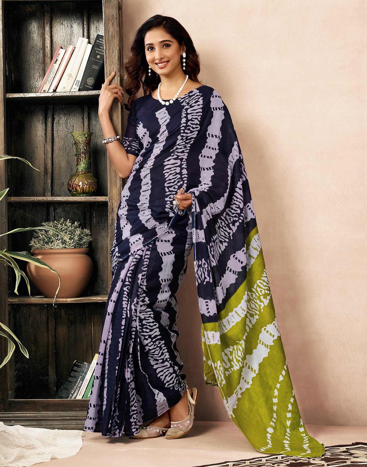 Ready To Wear Navy Blue Cotton Printed Saree With Pocket