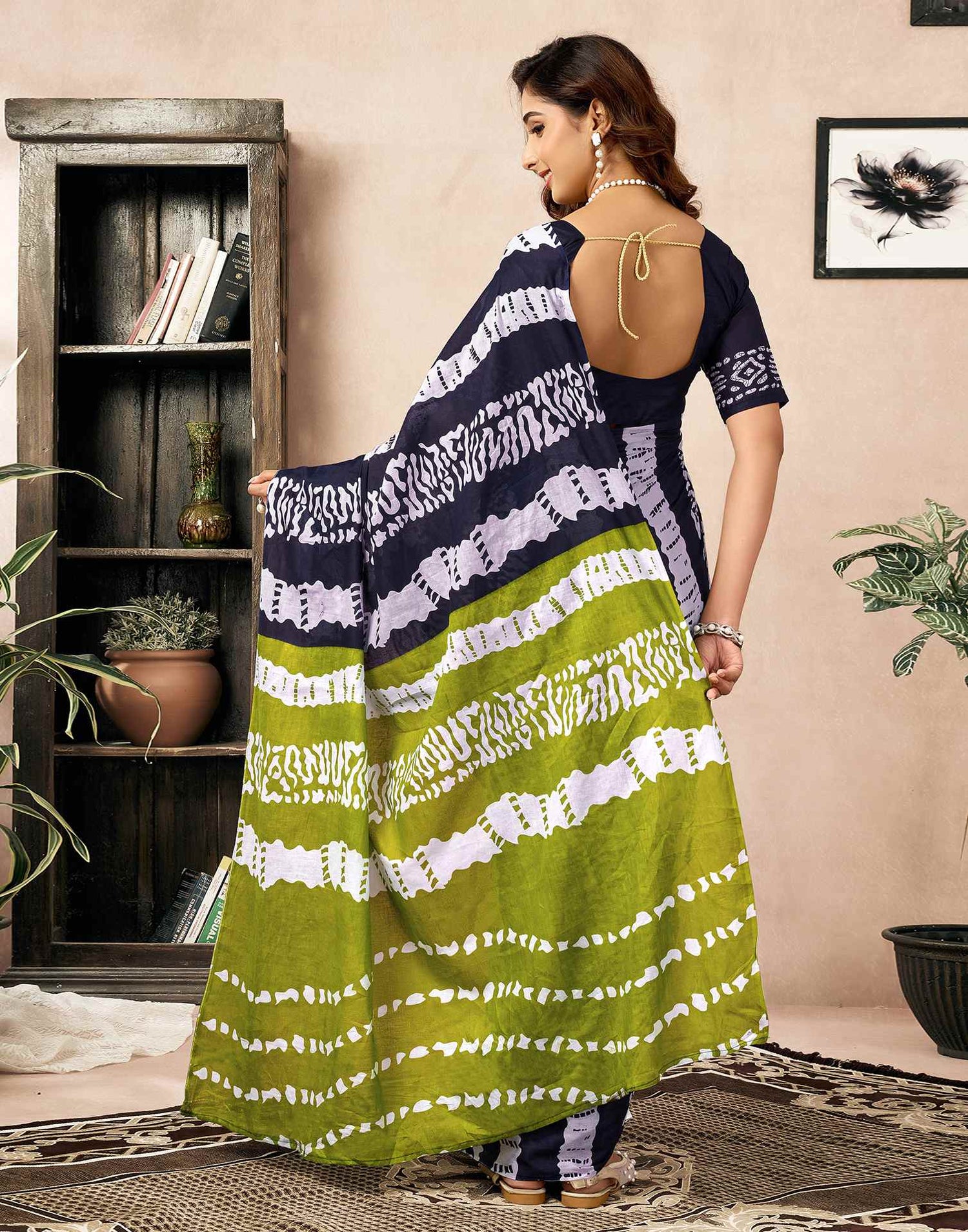 Ready To Wear Navy Blue Cotton Printed Saree With Pocket