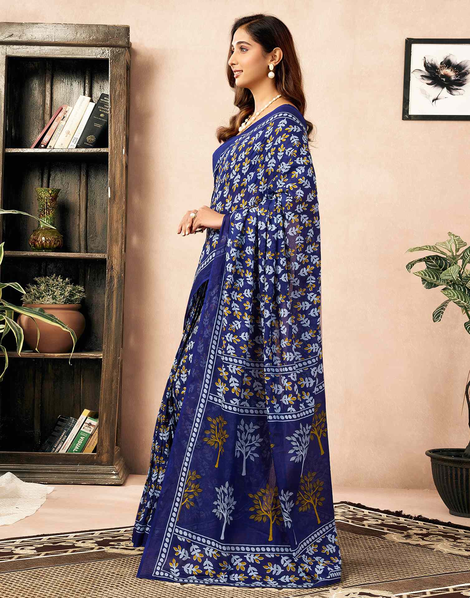 Ready To Wear Navy Blue Cotton Printed Saree