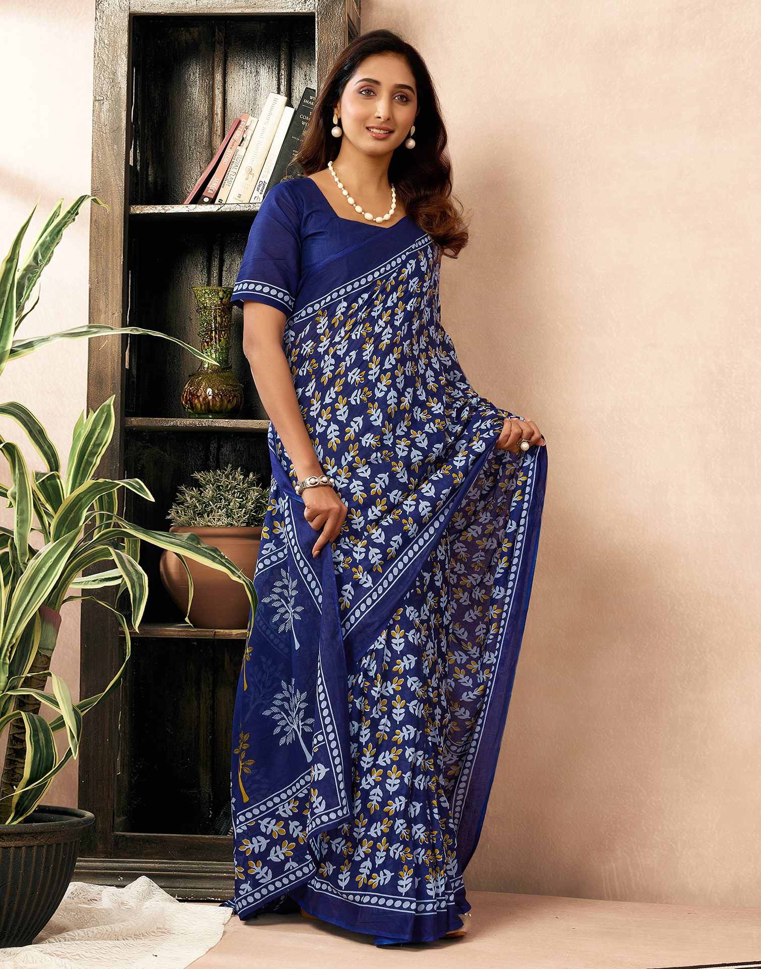 Ready To Wear Navy Blue Cotton Printed Saree