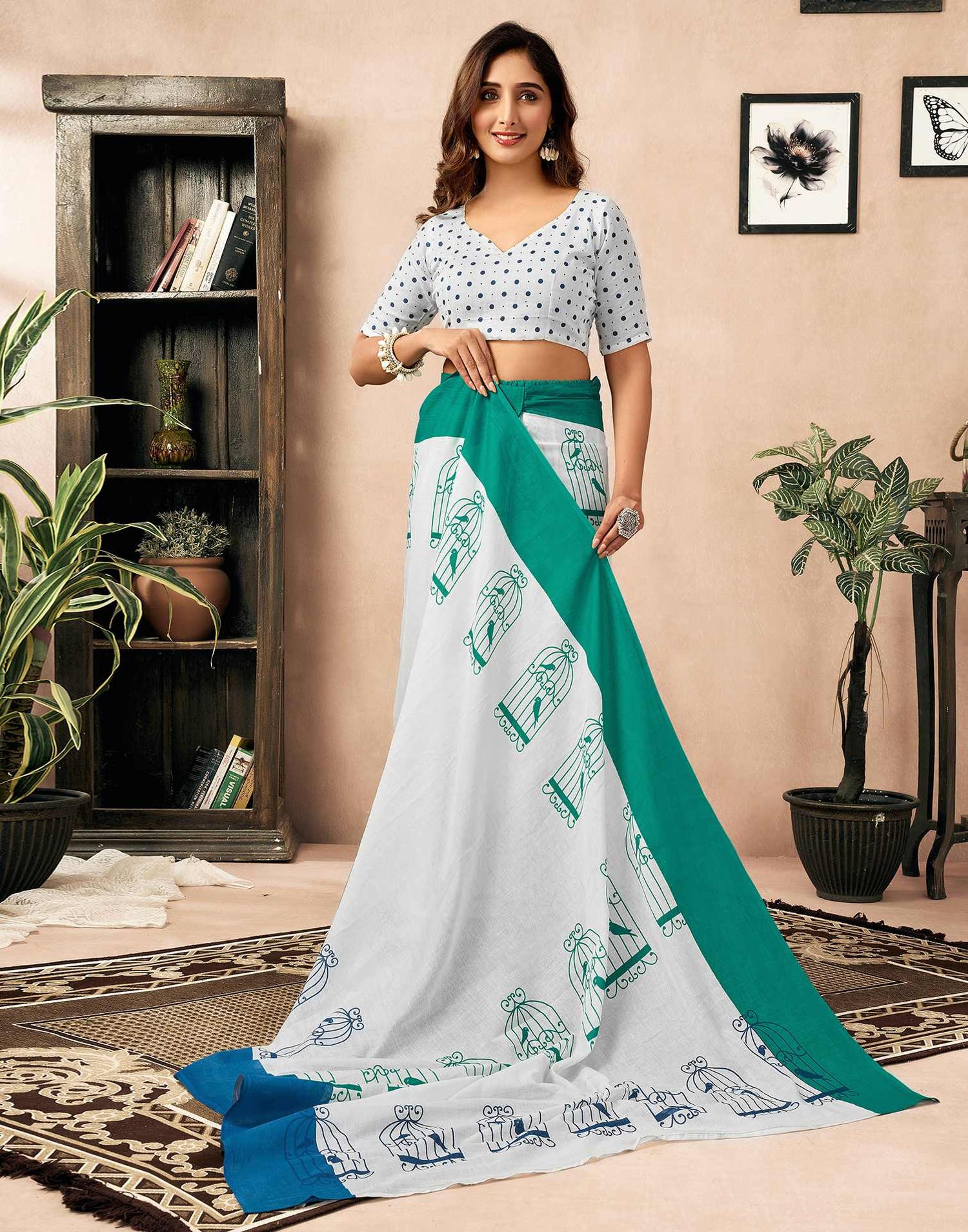 Ready To Wear Off White Cotton Printed Saree