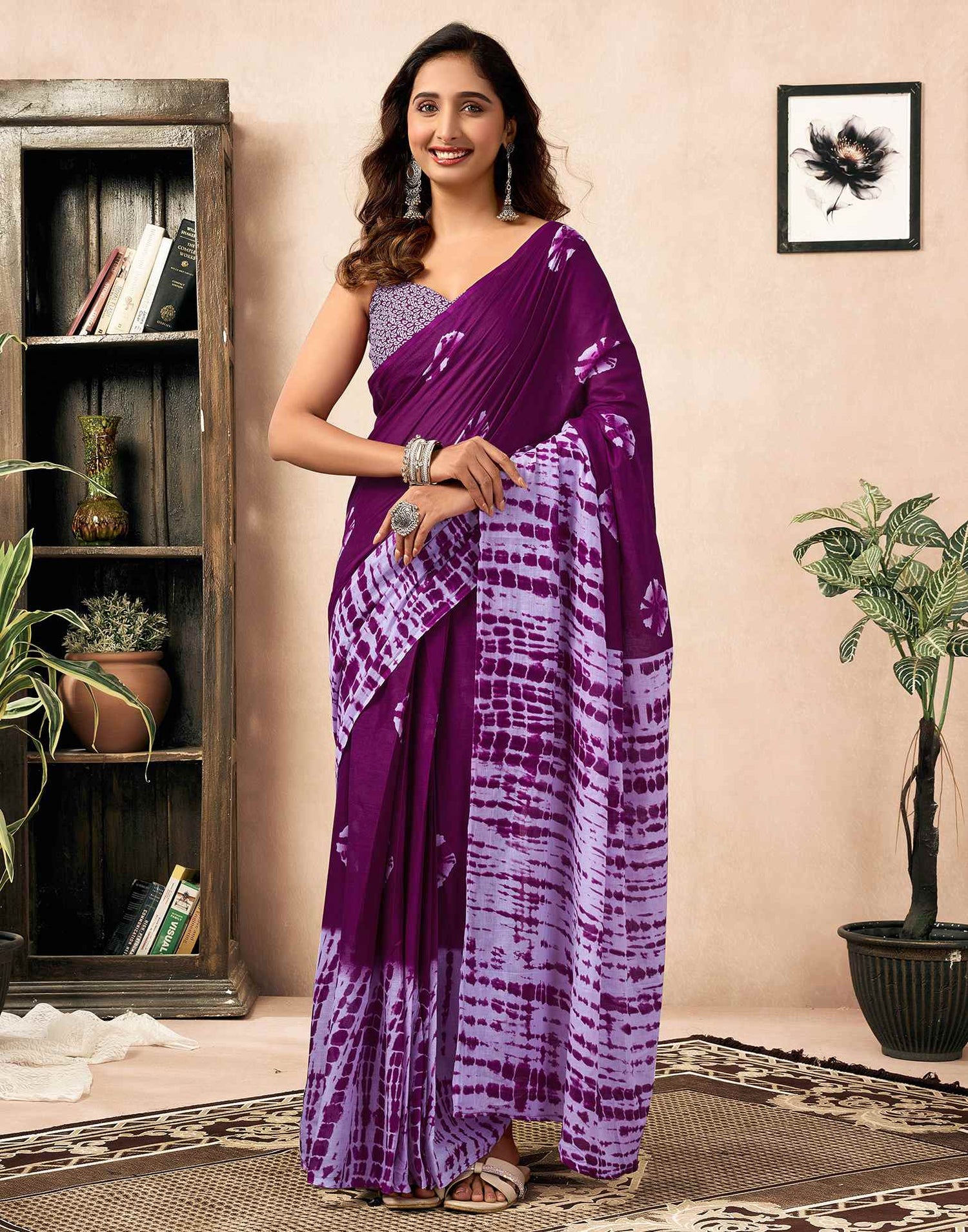 Ready To Wear Dark Purple Cotton Printed Saree With Pocket