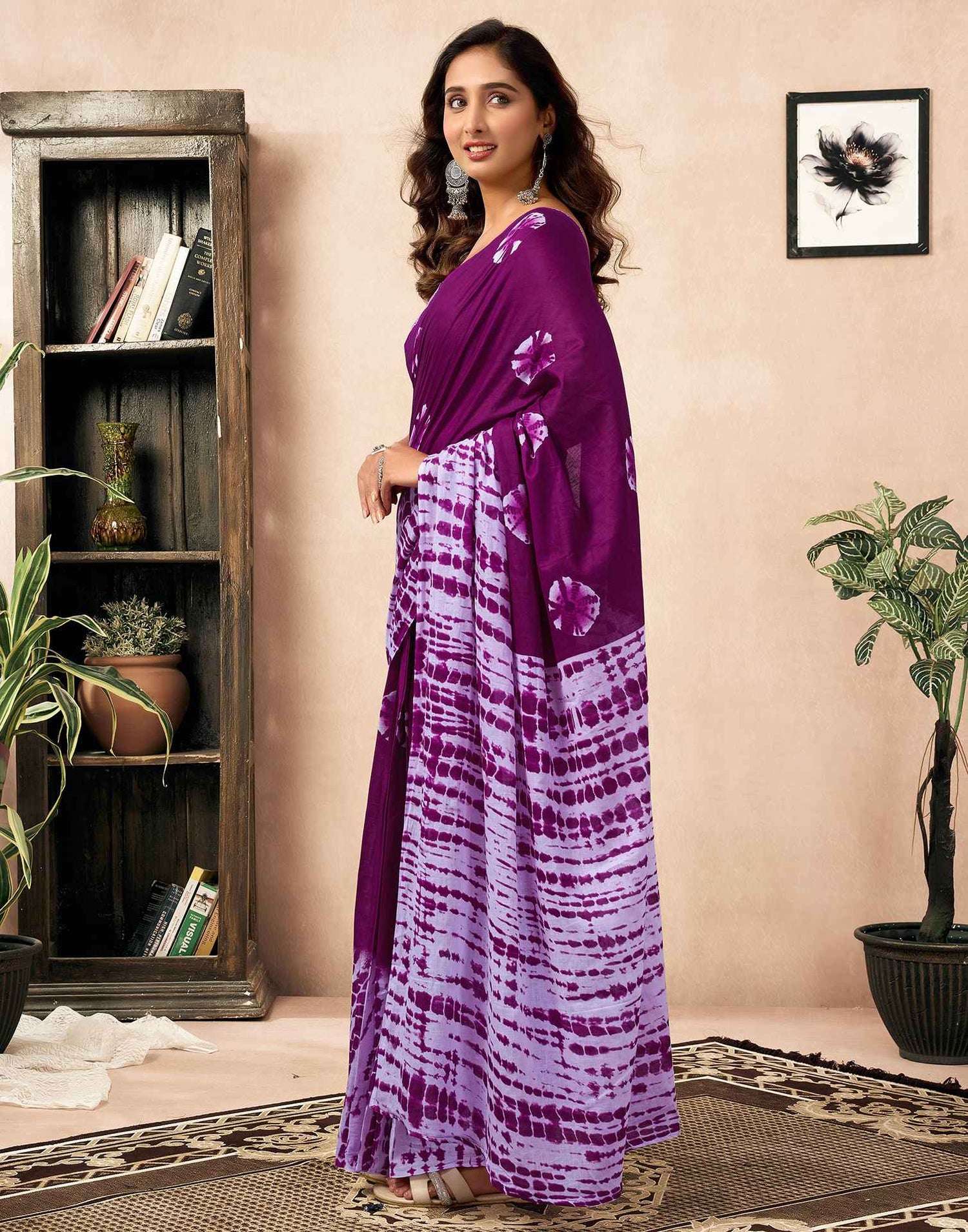 Ready To Wear Dark Purple Cotton Printed Saree With Pocket