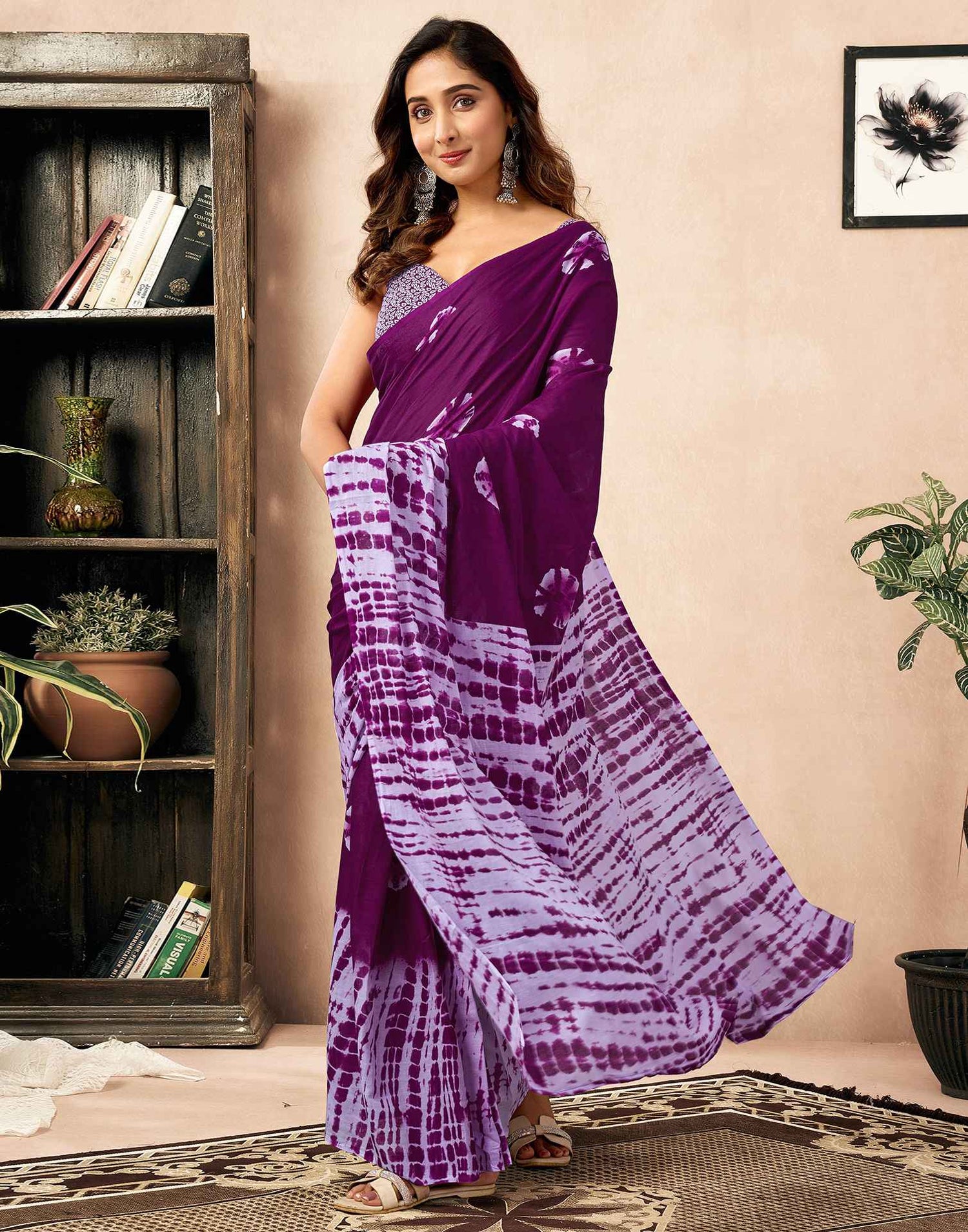 Ready To Wear Dark Purple Cotton Printed Saree With Pocket