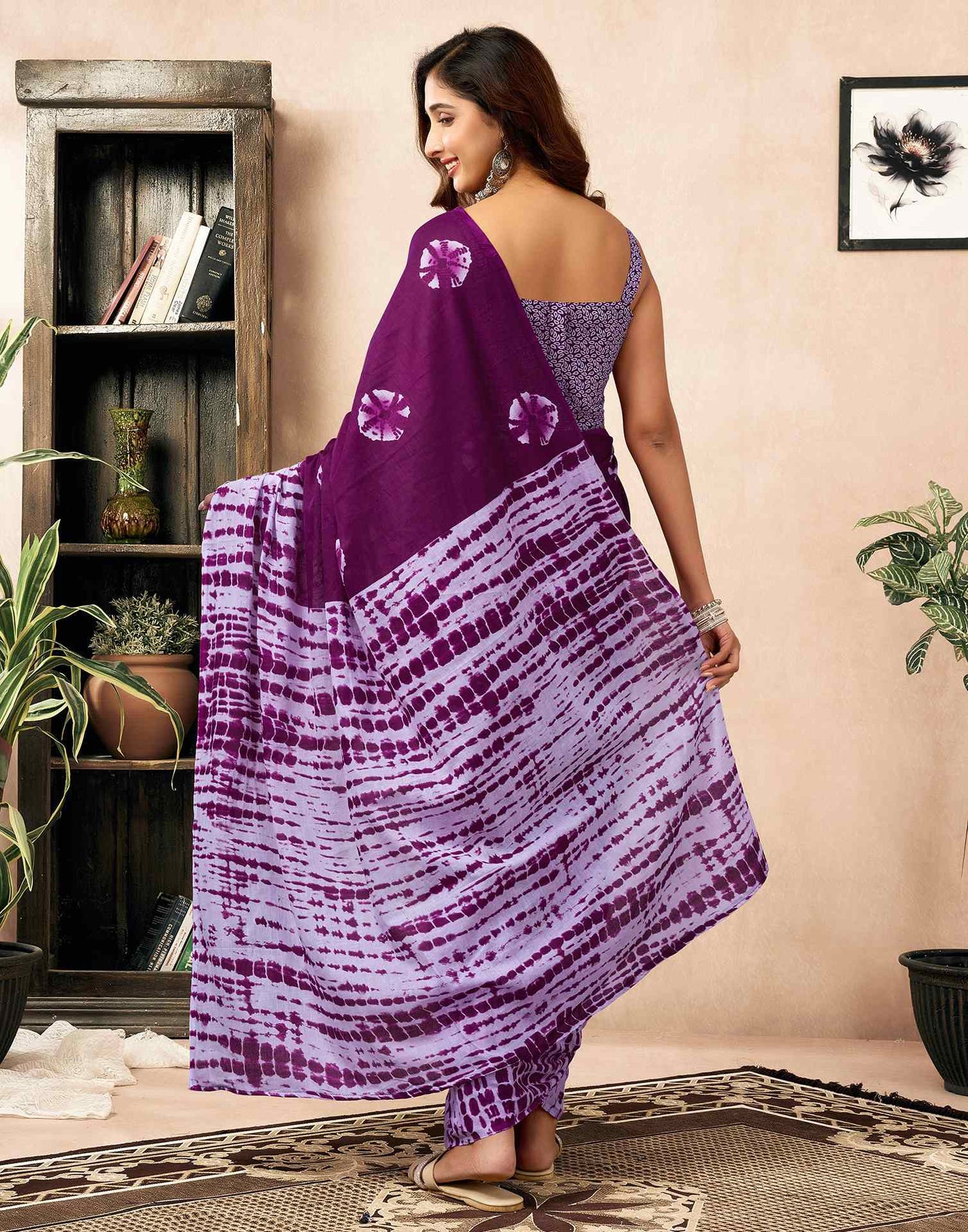 Ready To Wear Dark Purple Cotton Printed Saree With Pocket