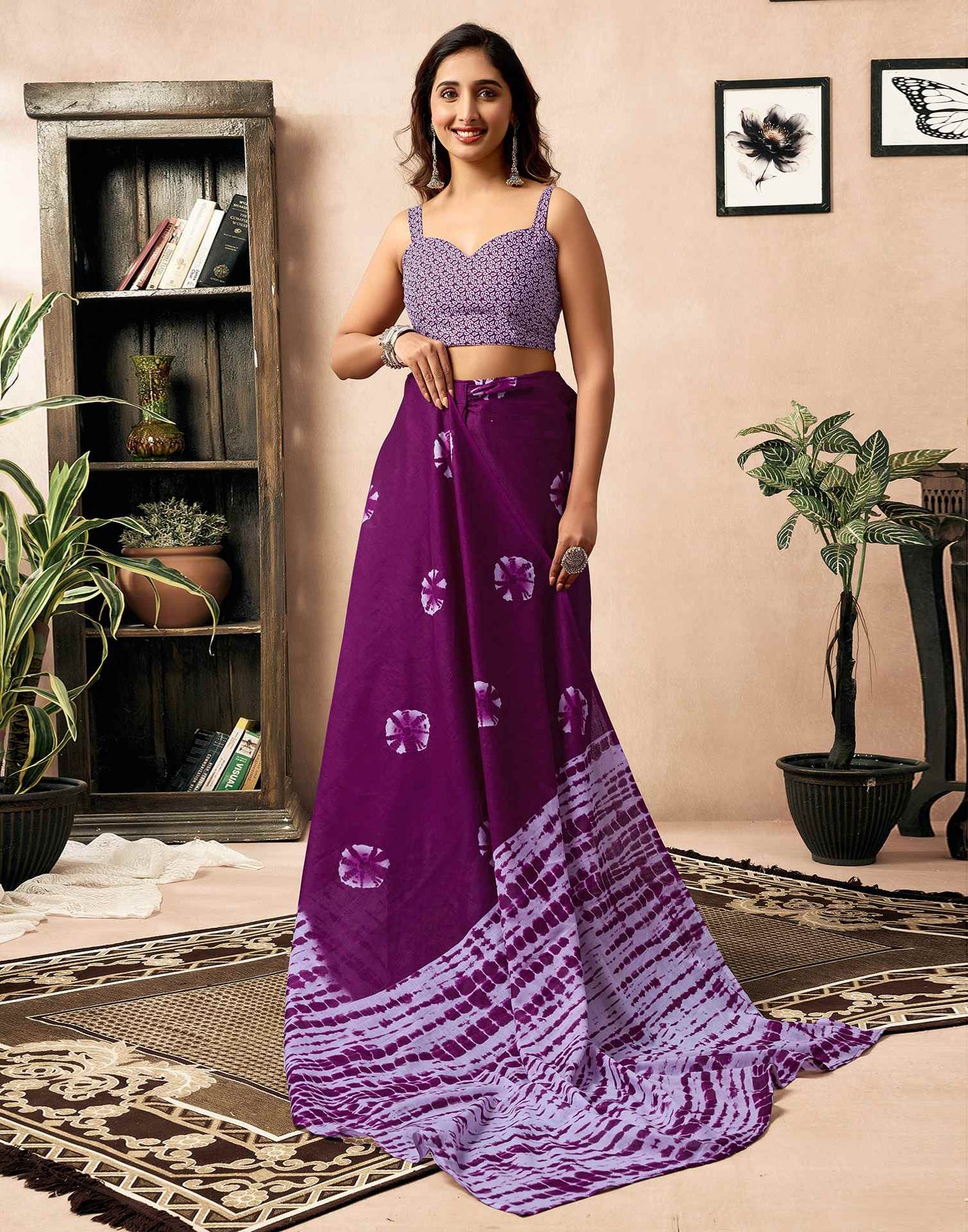 Ready To Wear Dark Purple Cotton Printed Saree With Pocket