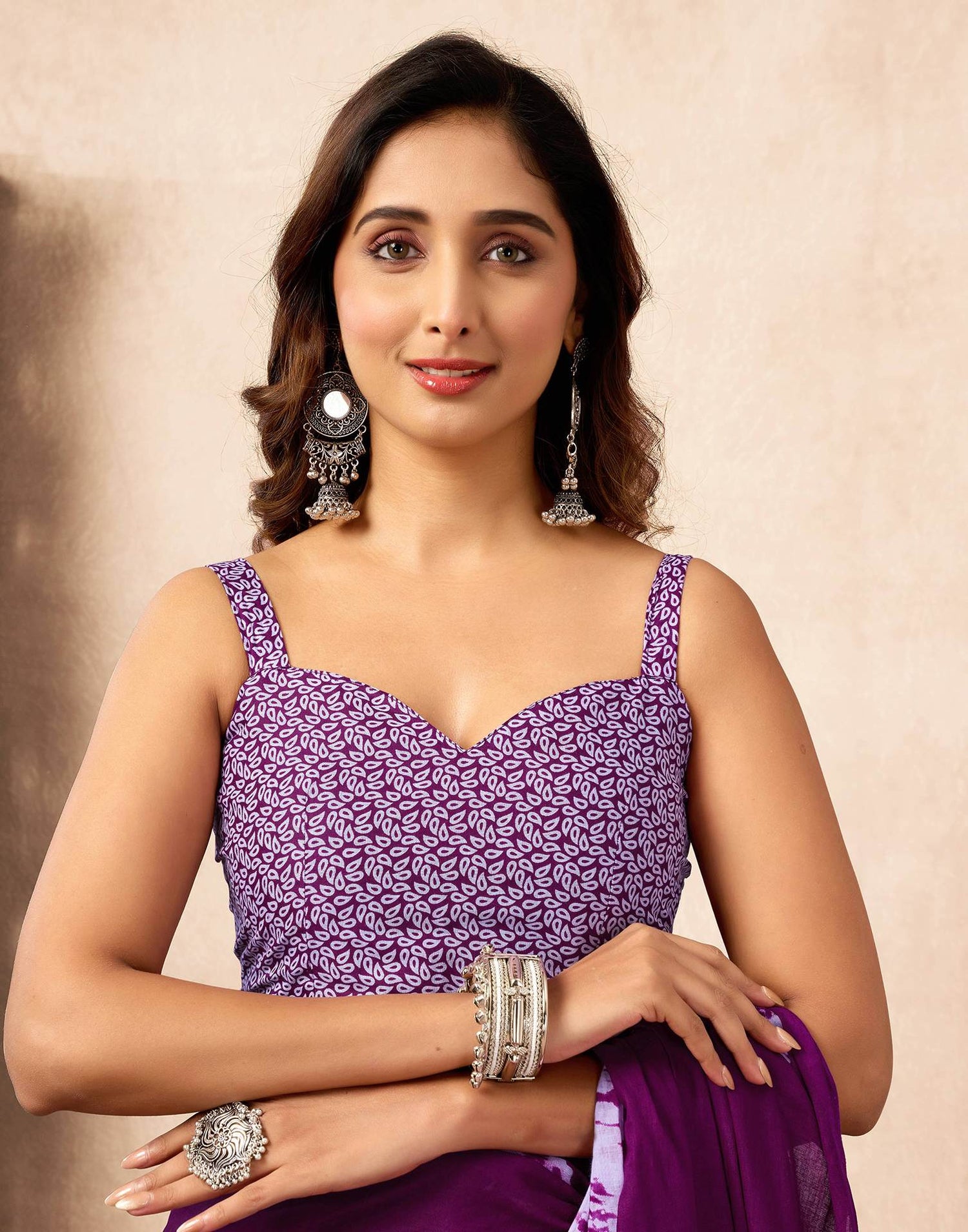 Ready To Wear Dark Purple Cotton Printed Saree With Pocket