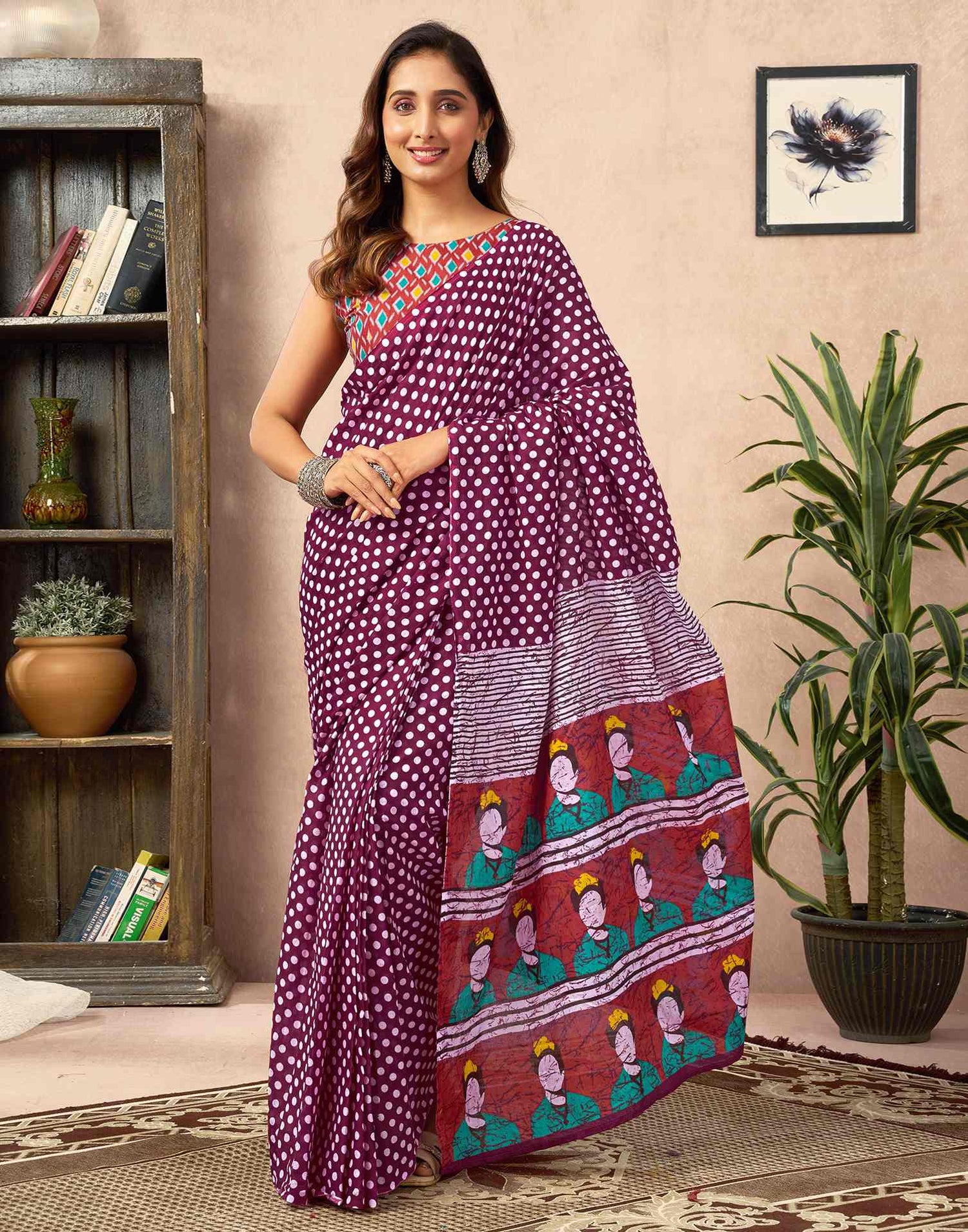 Ready To Wear Wine Cotton Printed Saree