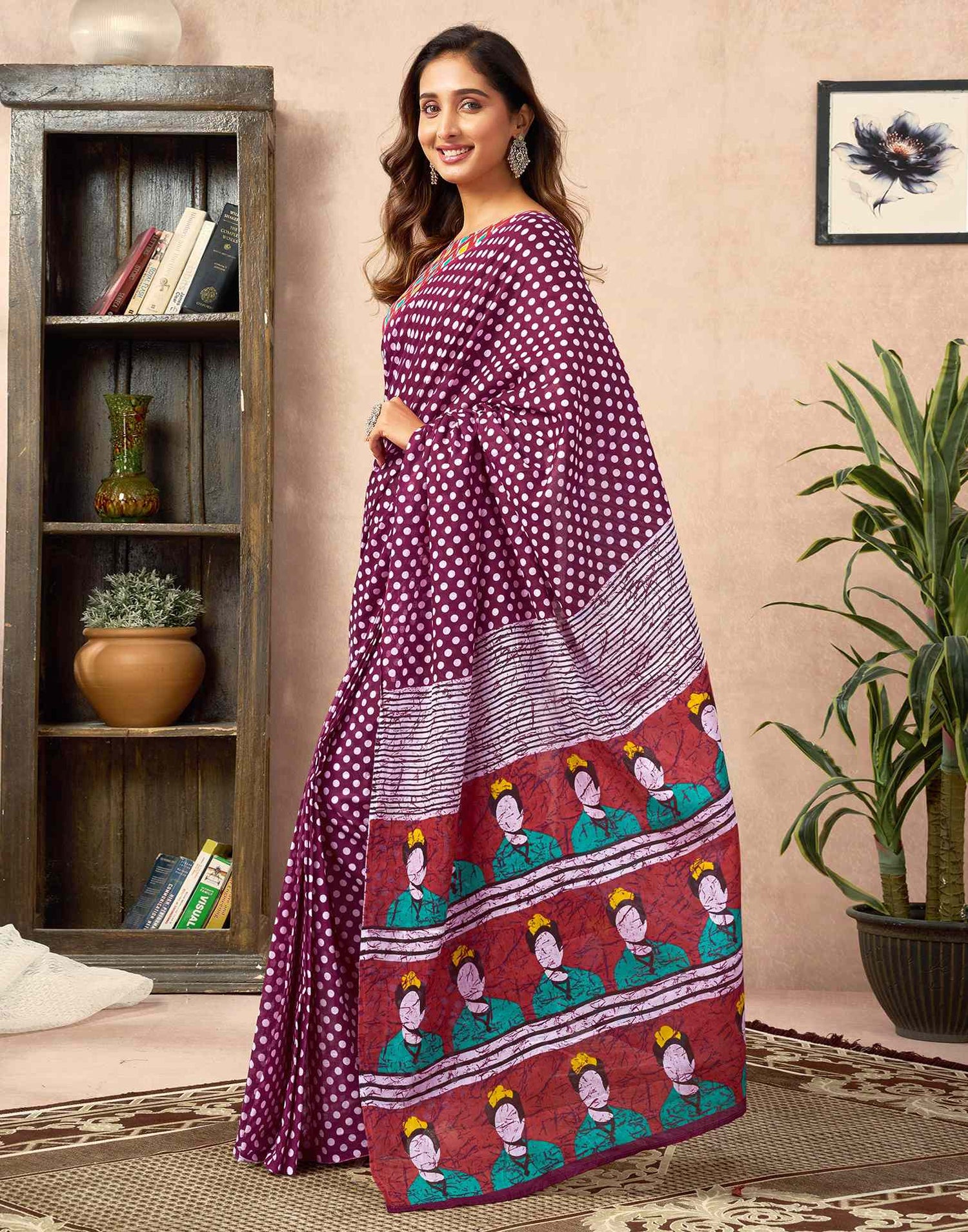 Ready To Wear Wine Cotton Printed Saree