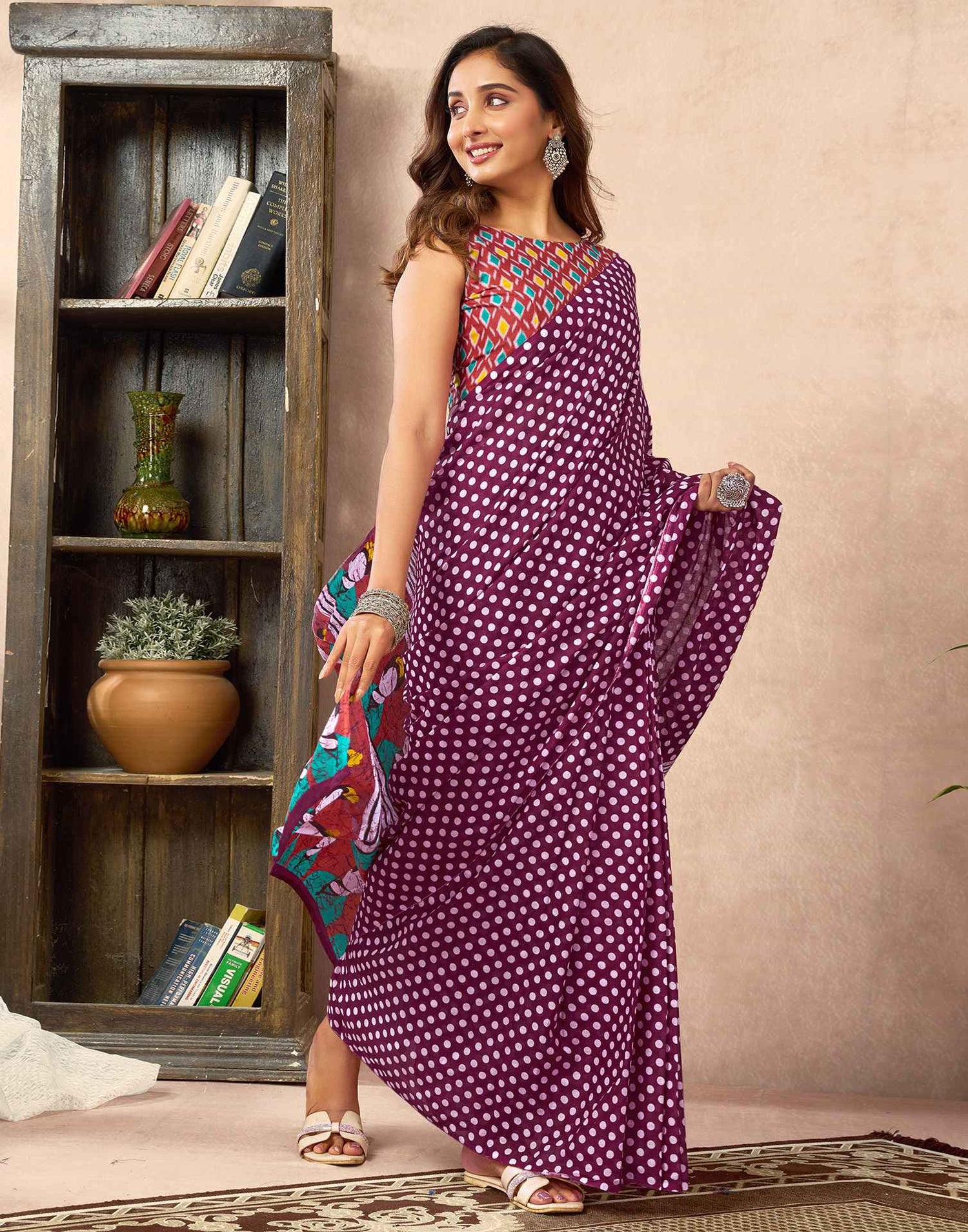 Ready To Wear Wine Cotton Printed Saree