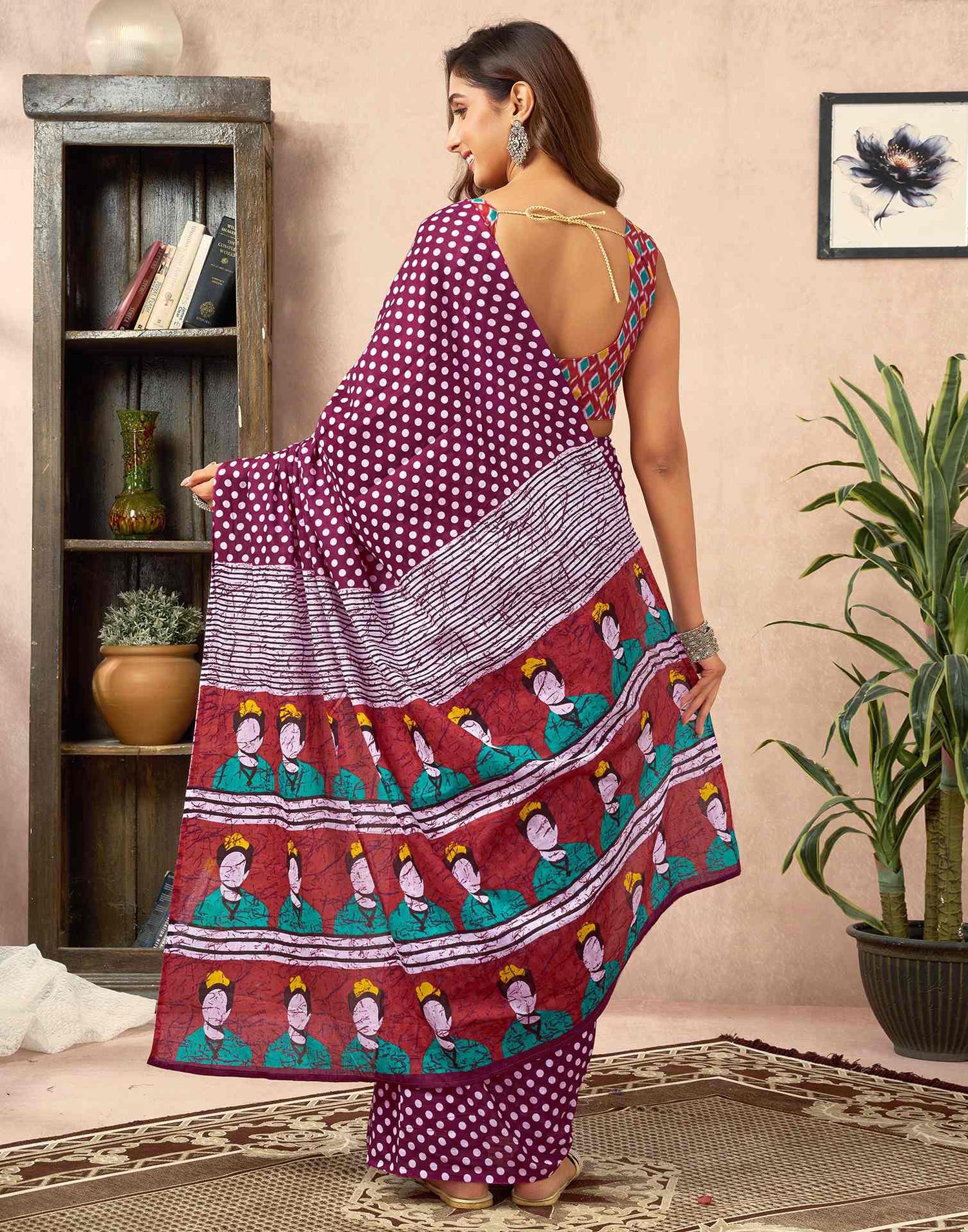 Ready To Wear Wine Cotton Printed Saree