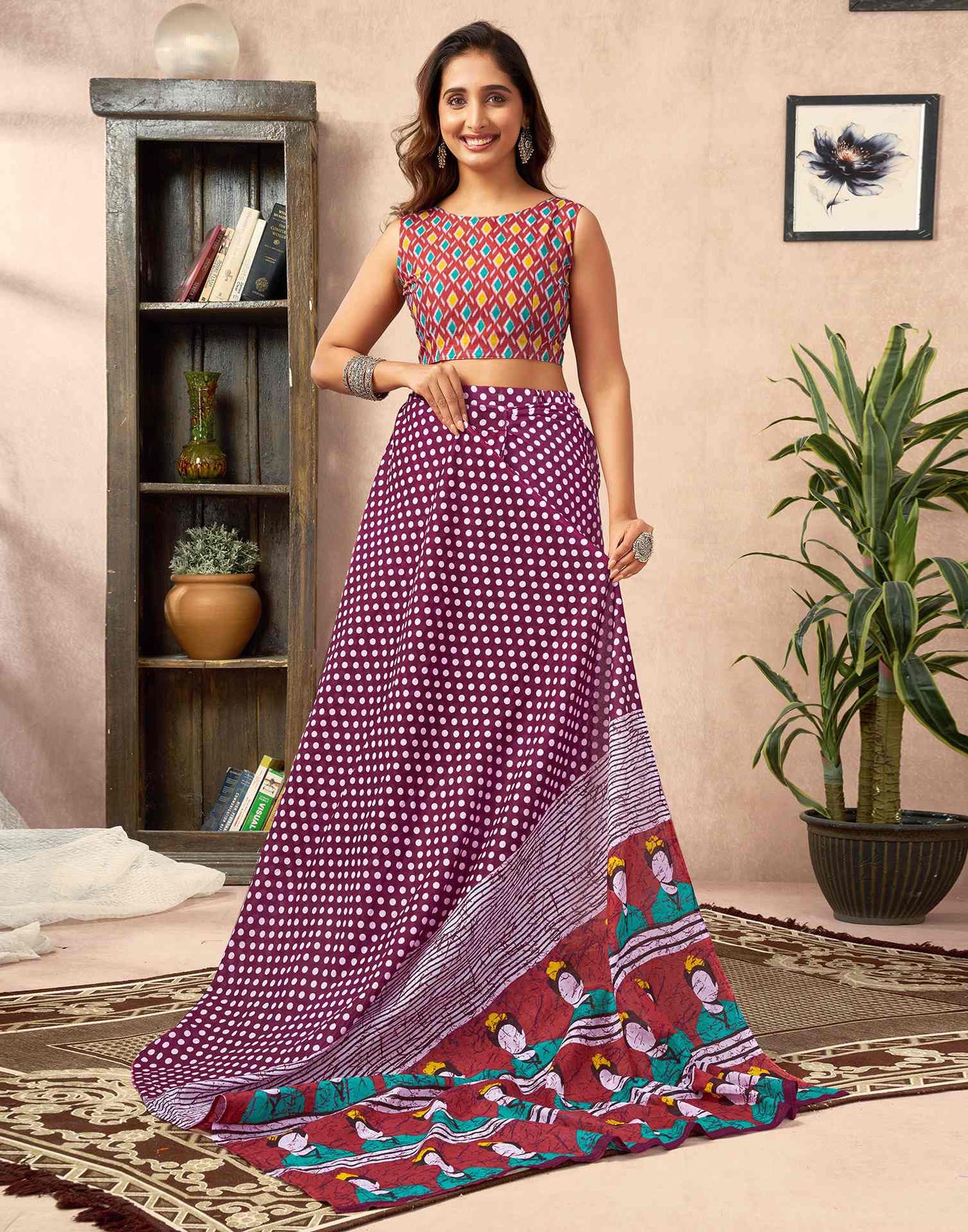 Ready To Wear Wine Cotton Printed Saree