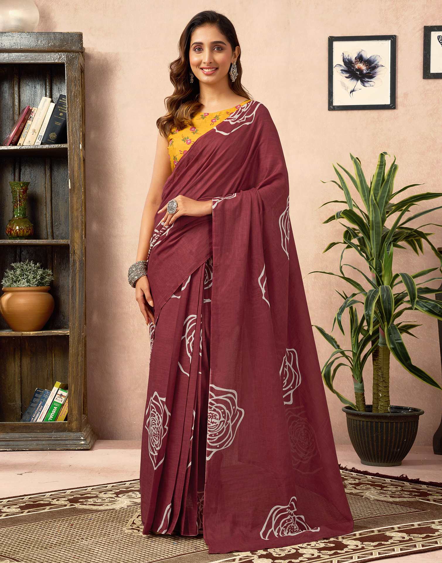 Ready To Wear Brown Cotton Printed Saree With Pocket