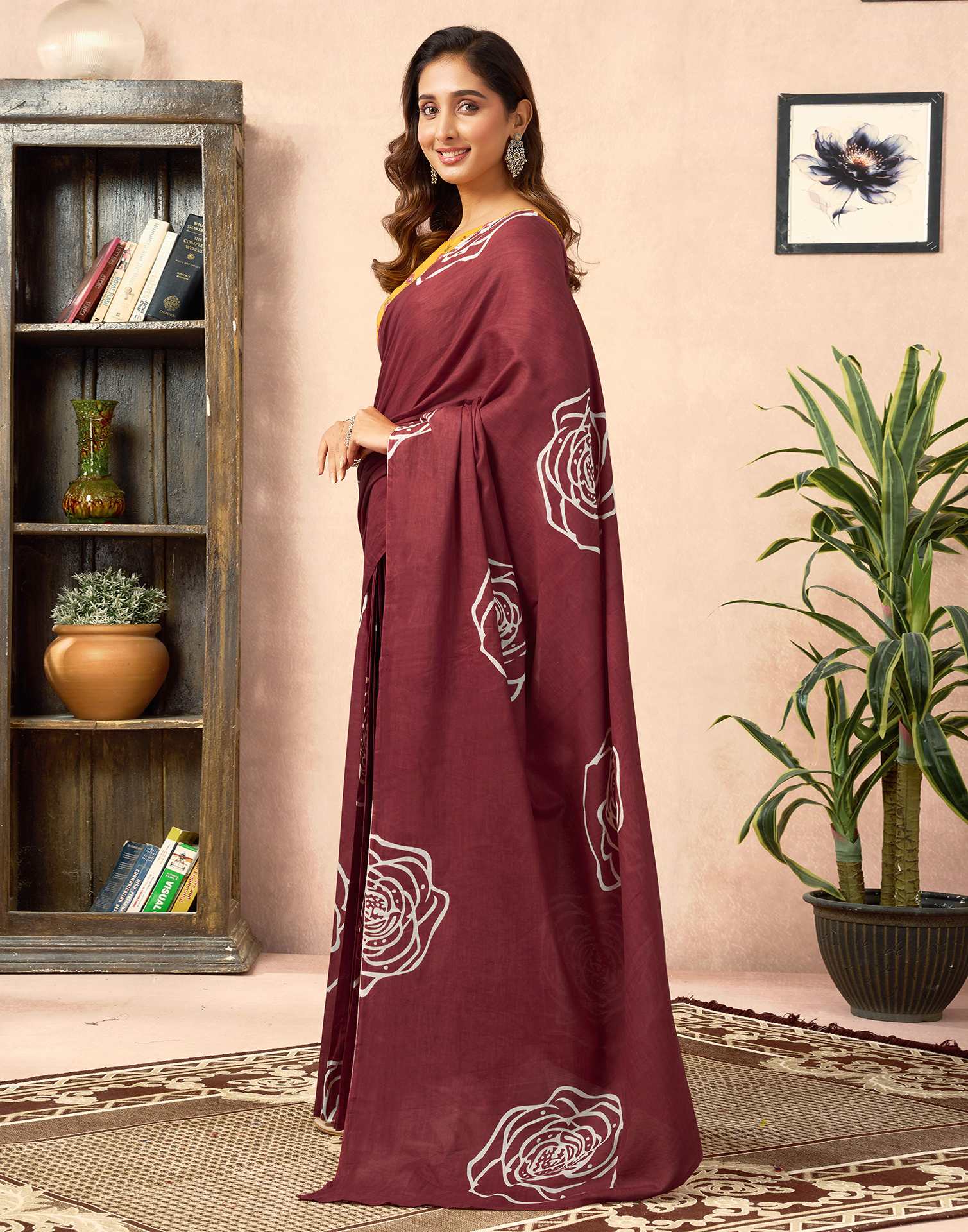 Ready To Wear Brown Cotton Printed Saree With Pocket