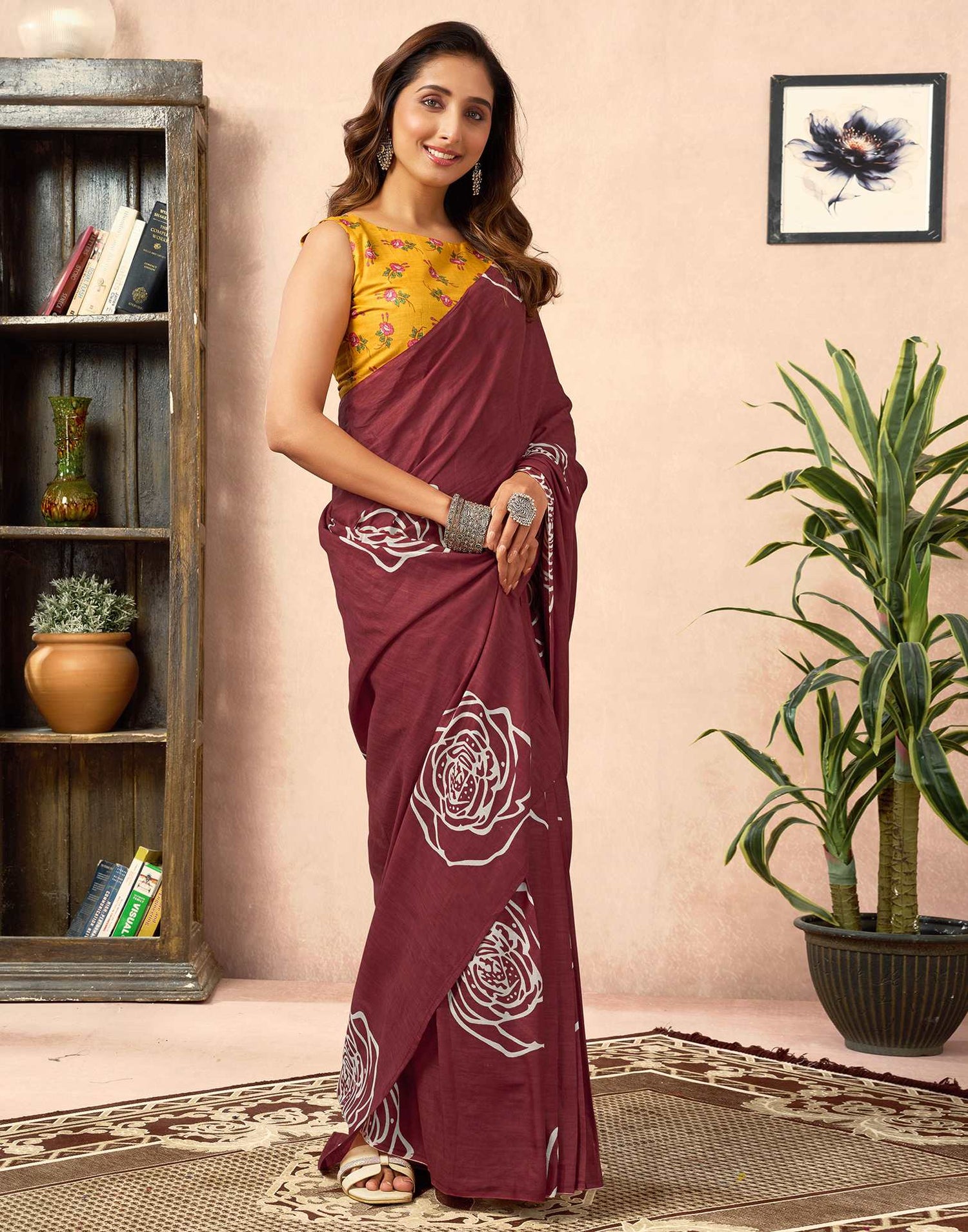 Ready To Wear Brown Cotton Printed Saree With Pocket