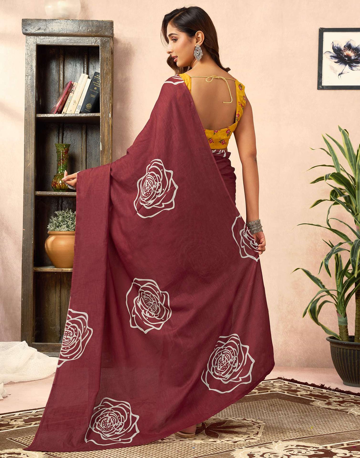 Ready To Wear Brown Cotton Printed Saree With Pocket