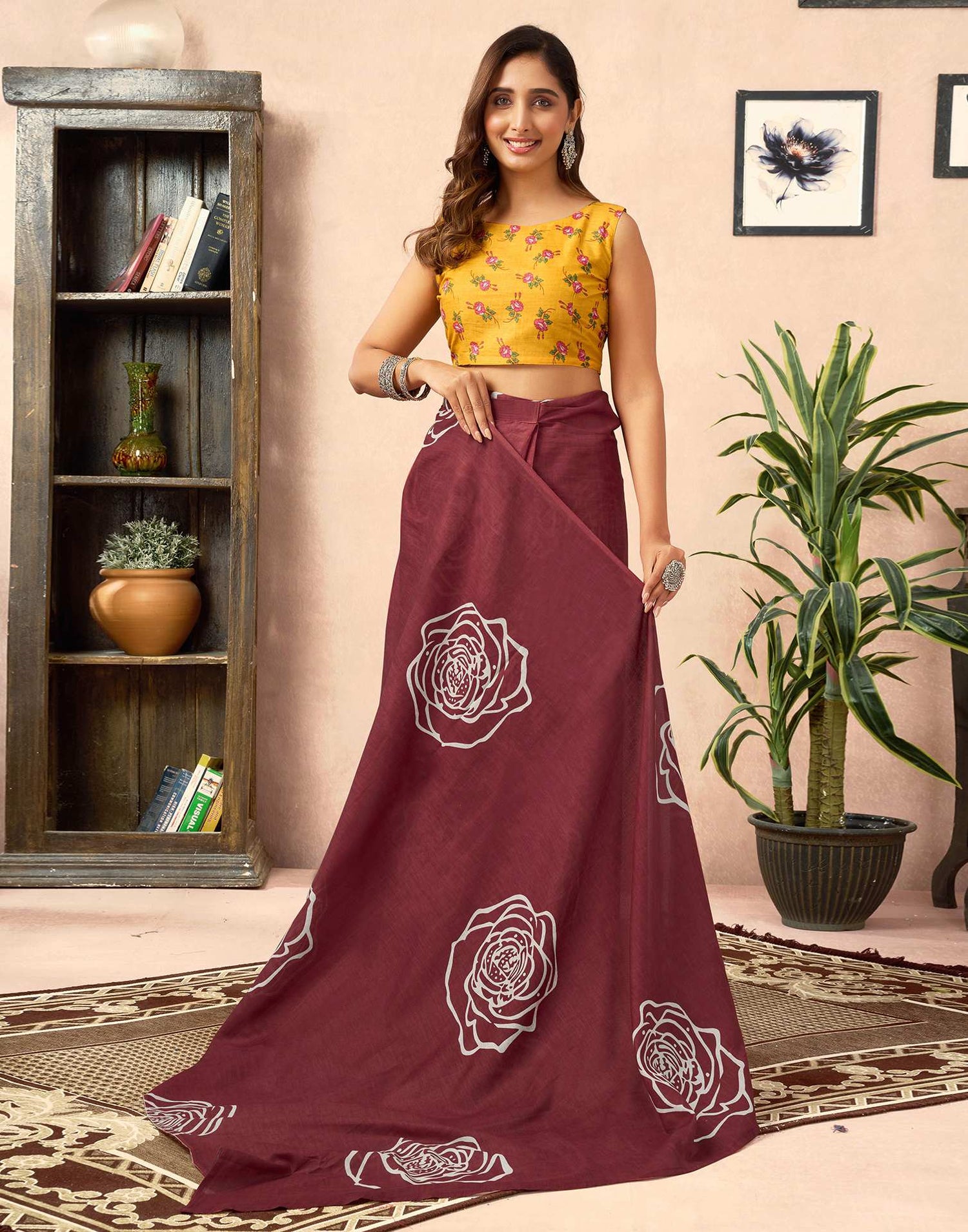 Ready To Wear Brown Cotton Printed Saree With Pocket