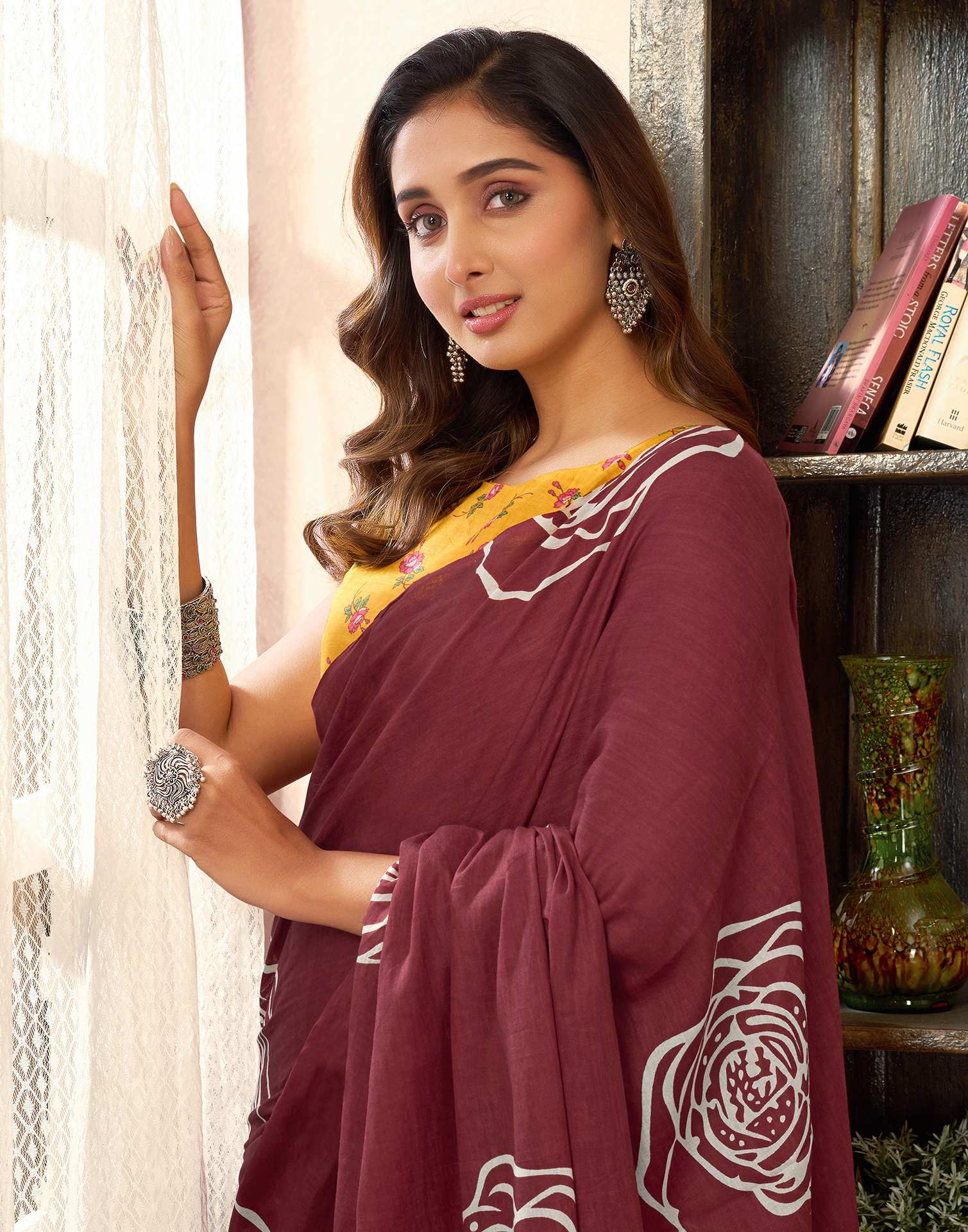 Ready To Wear Brown Cotton Printed Saree With Pocket