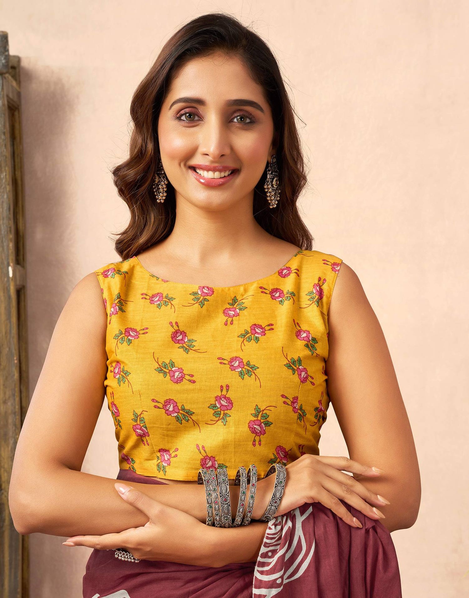 Ready To Wear Brown Cotton Printed Saree With Pocket