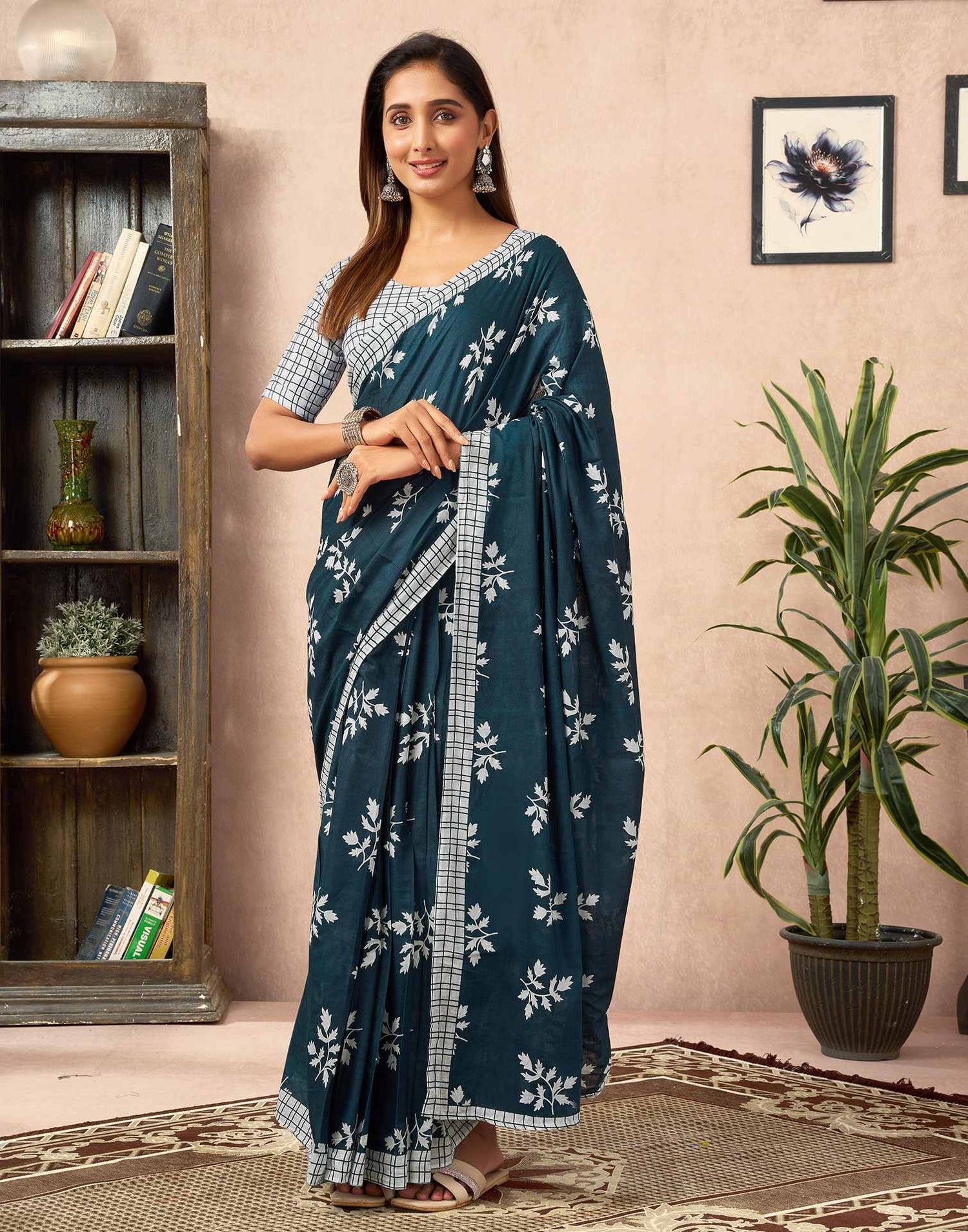 Ready To Wear Rama Blue Cotton Printed Saree