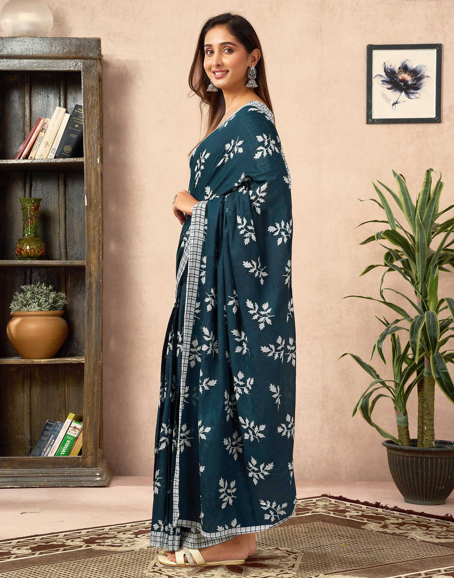 Ready To Wear Rama Blue Cotton Printed Saree
