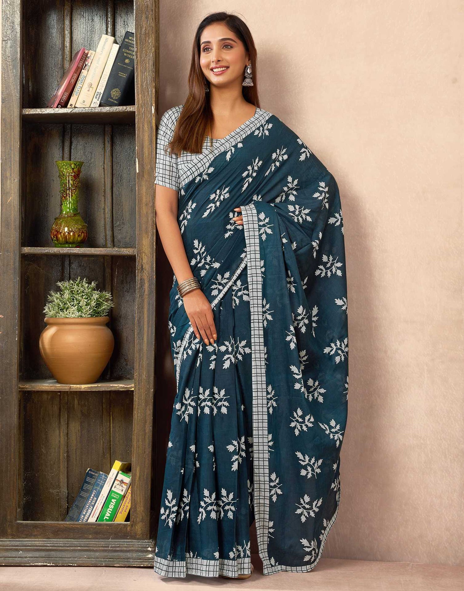 Ready To Wear Rama Blue Cotton Printed Saree