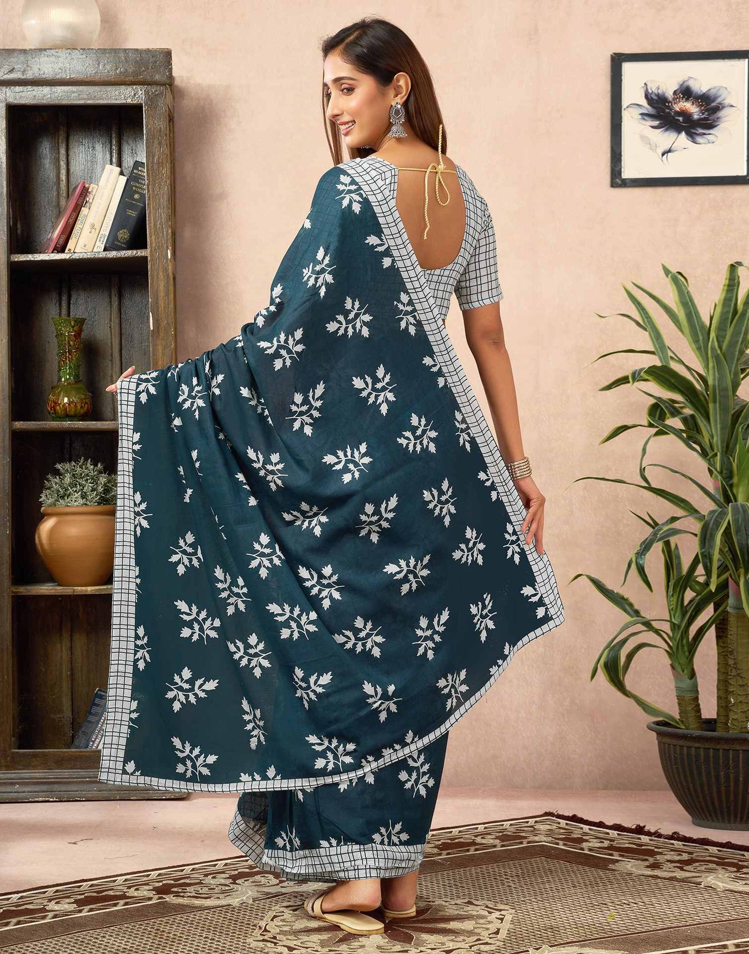 Ready To Wear Rama Blue Cotton Printed Saree
