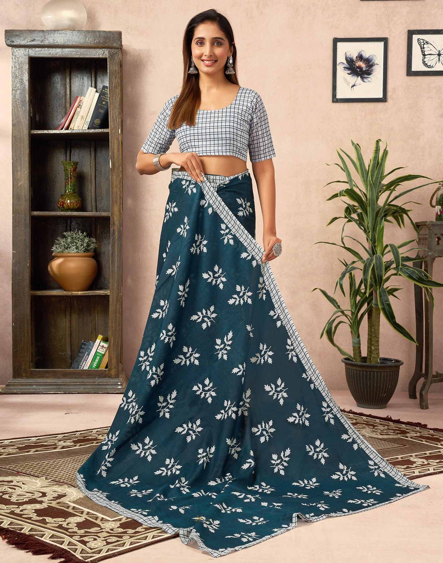 Ready To Wear Rama Blue Cotton Printed Saree