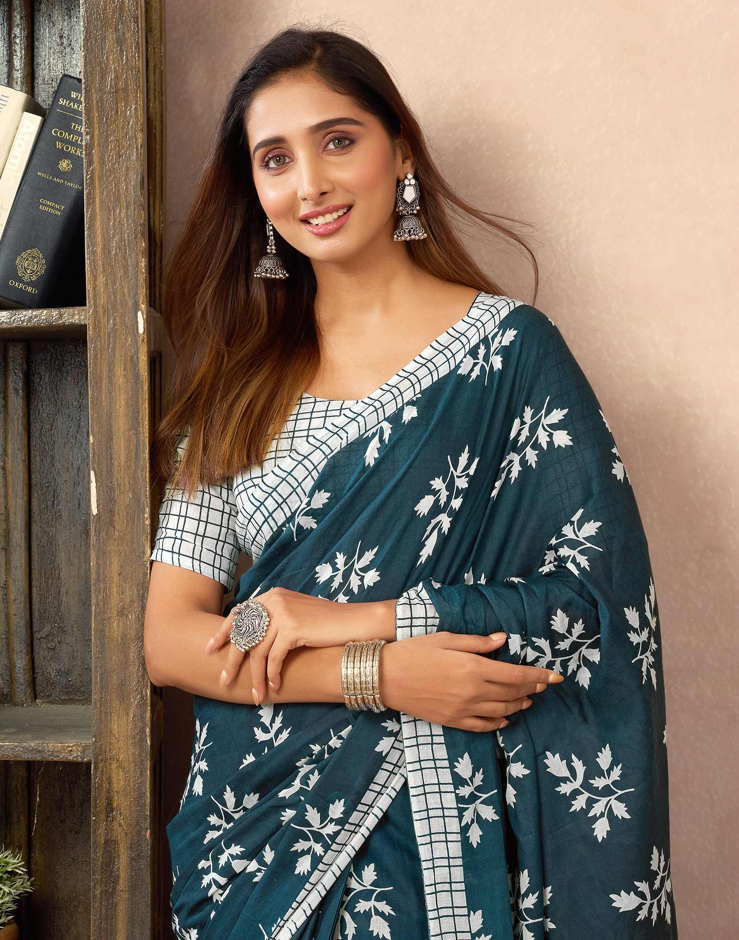 Ready To Wear Rama Blue Cotton Printed Saree