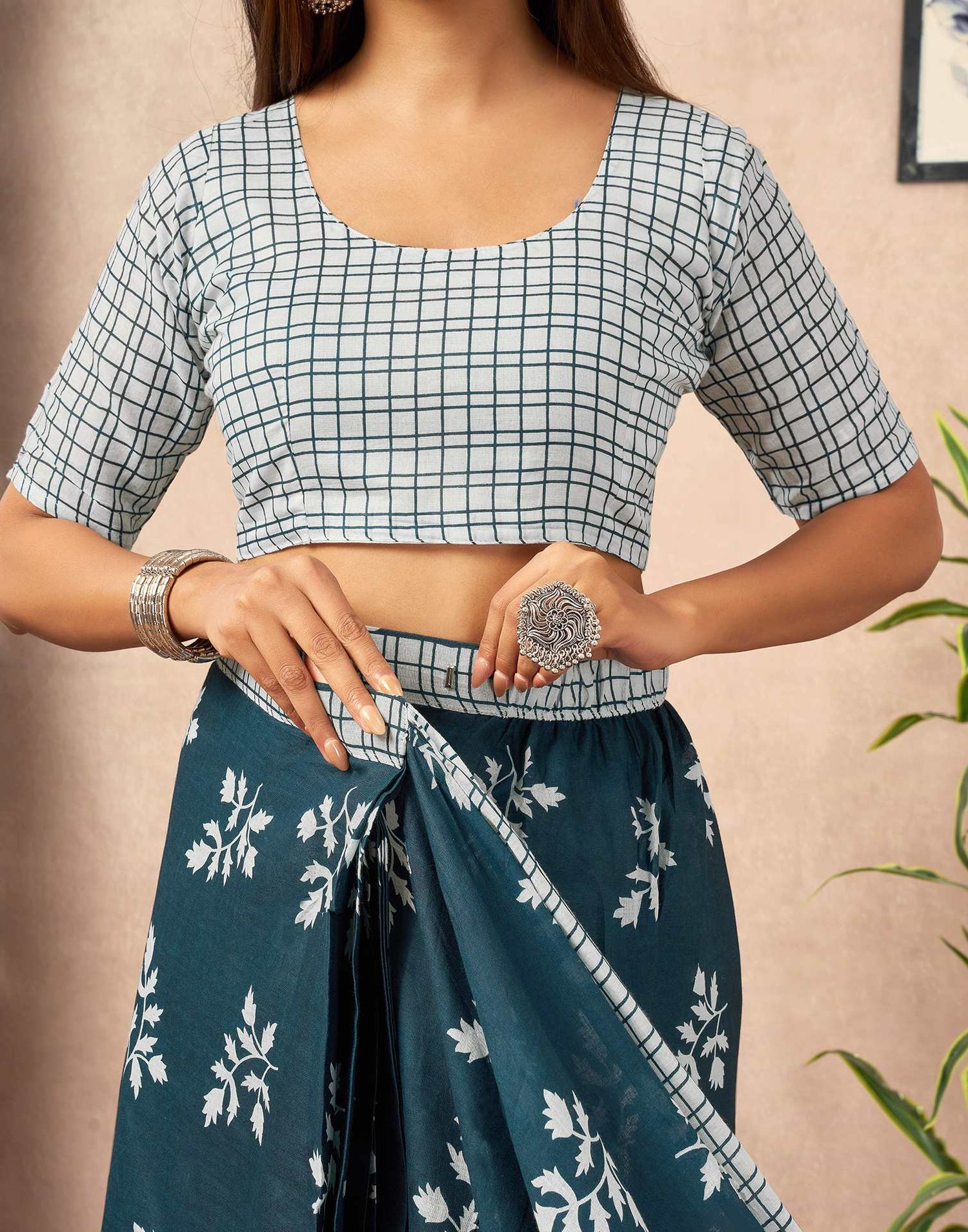 Ready To Wear Rama Blue Cotton Printed Saree