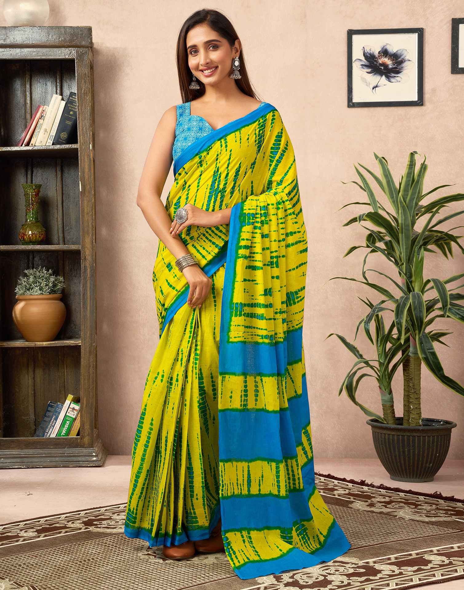 Ready To Wear Lemon Yellow Cotton Printed Saree With Pocket