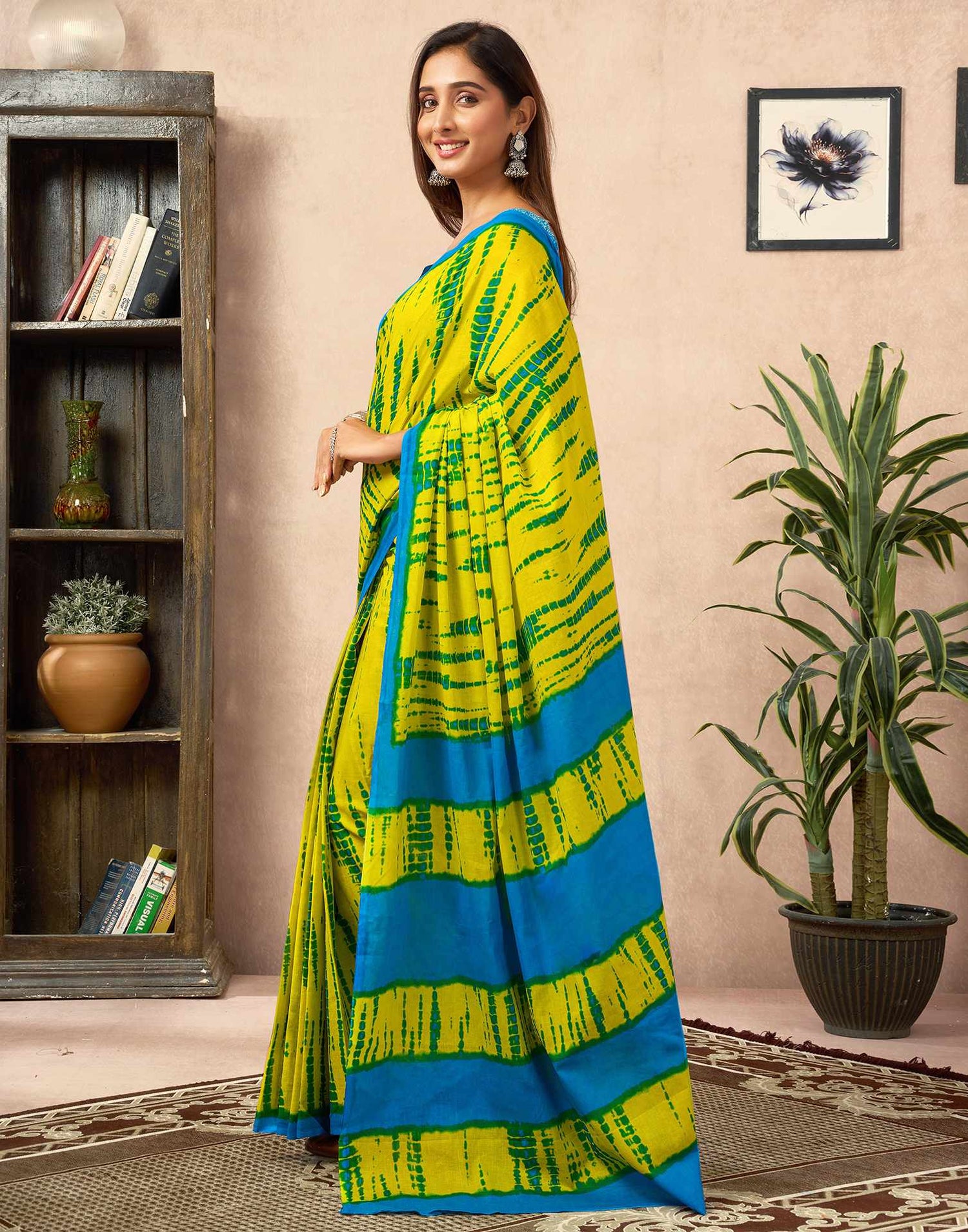 Ready To Wear Lemon Yellow Cotton Printed Saree With Pocket
