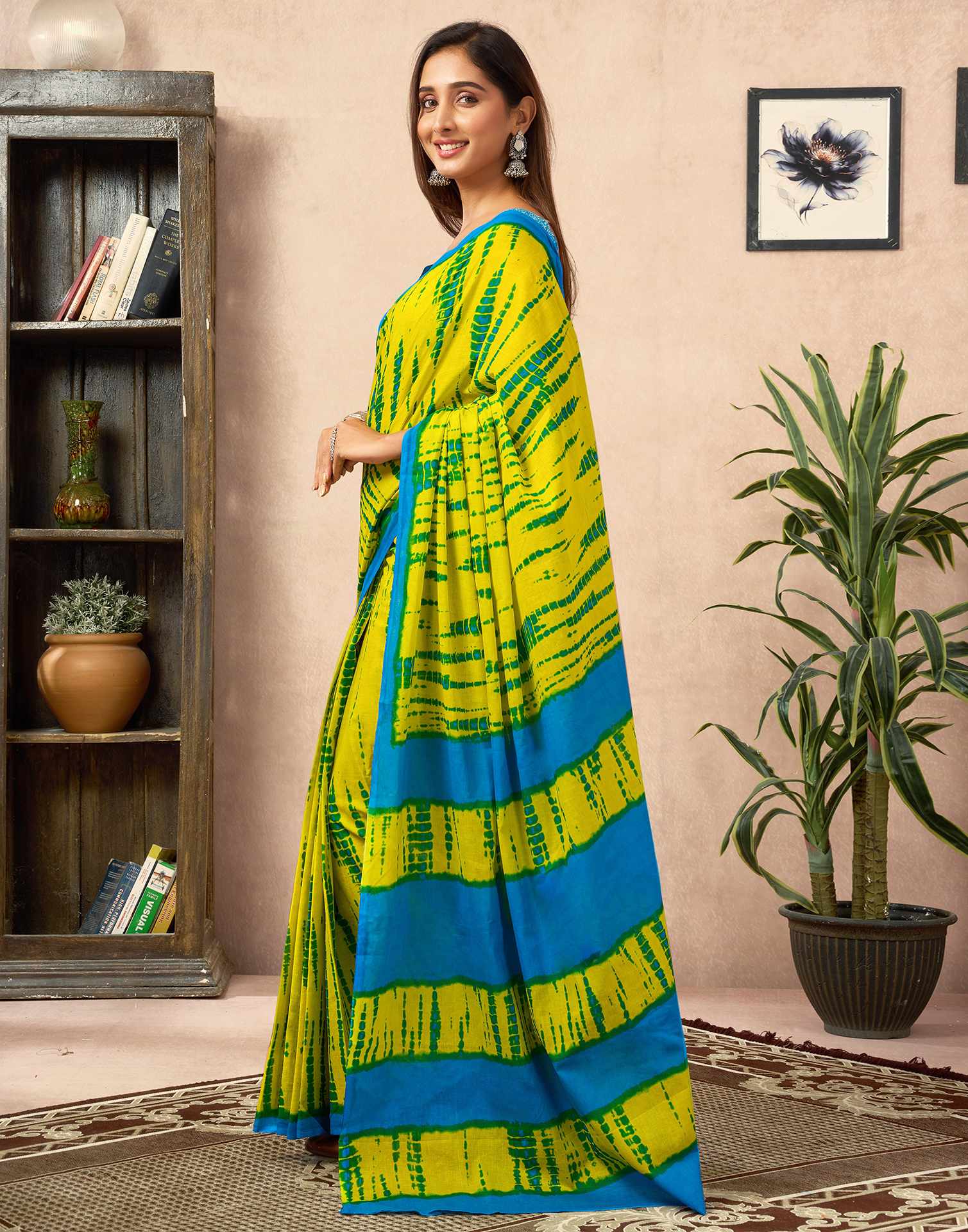 Ready To Wear Lemon Yellow Cotton Printed Saree With Pocket