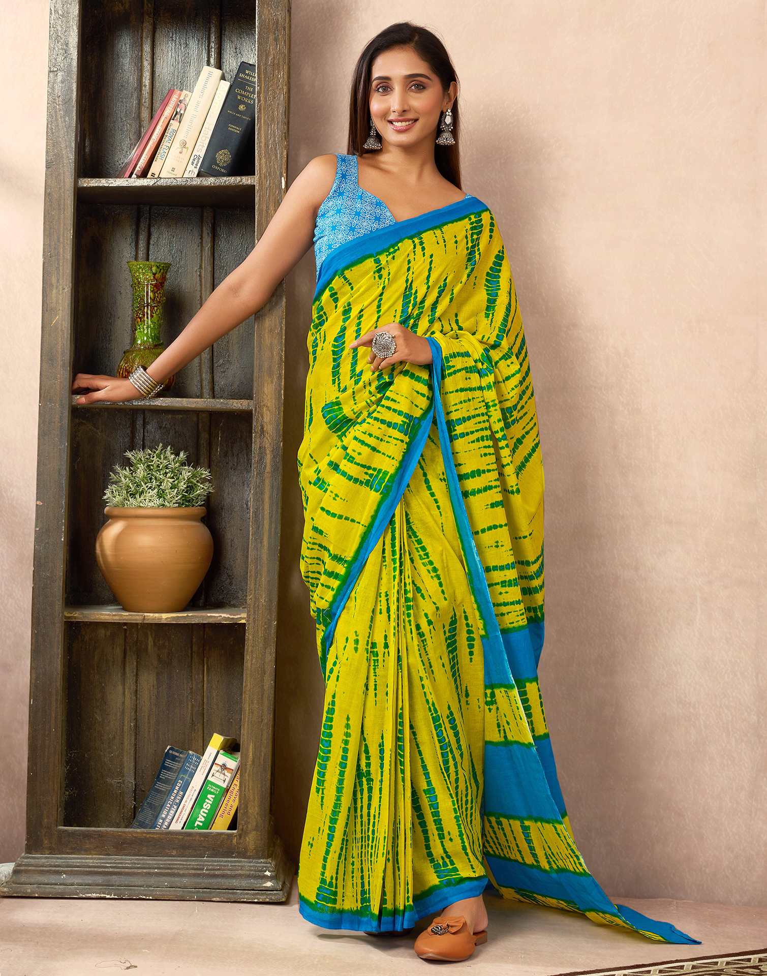 Ready To Wear Lemon Yellow Cotton Printed Saree With Pocket