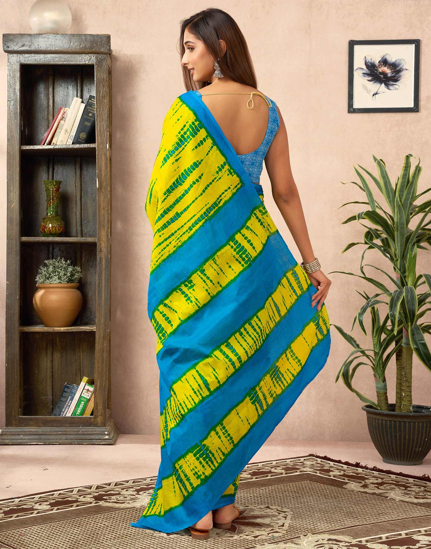 Ready To Wear Lemon Yellow Cotton Printed Saree With Pocket