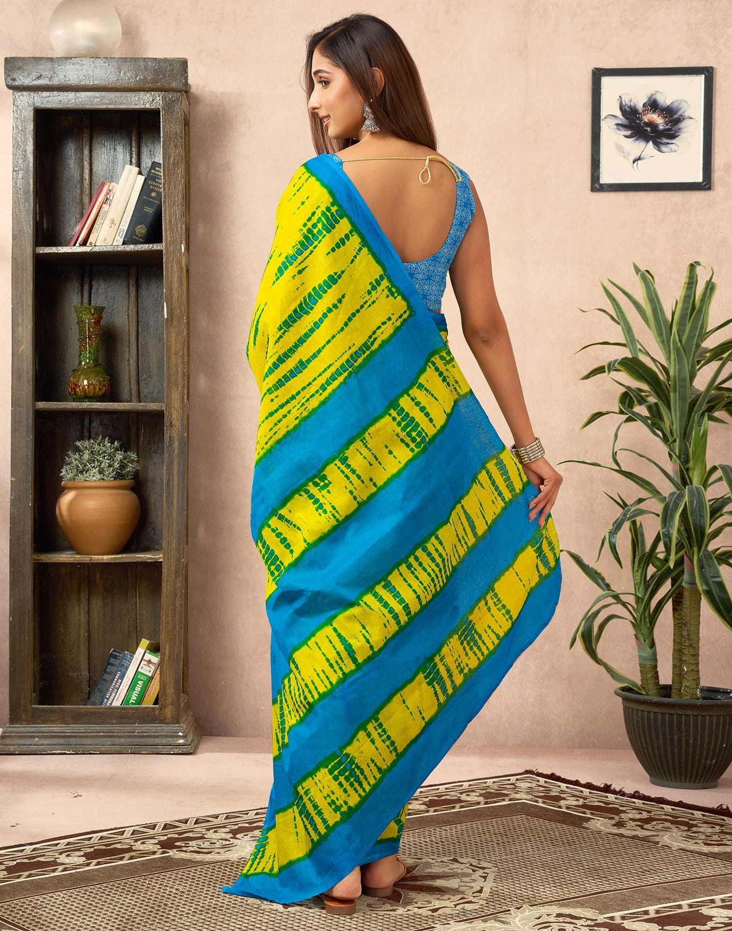 Ready To Wear Lemon Yellow Cotton Printed Saree With Pocket