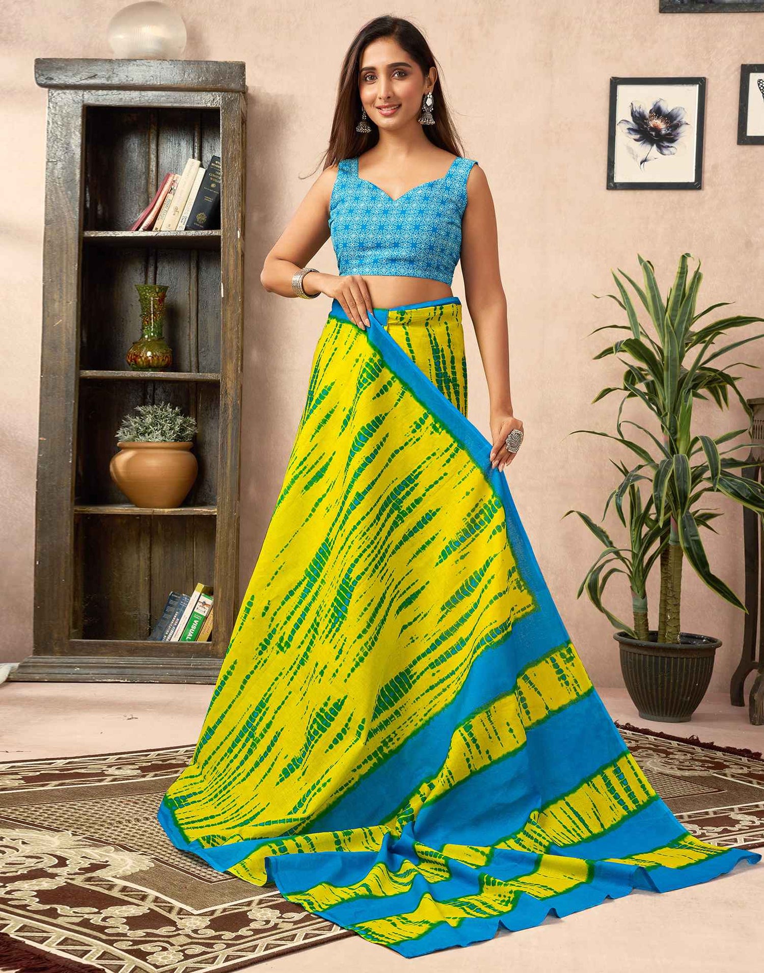 Ready To Wear Lemon Yellow Cotton Printed Saree With Pocket