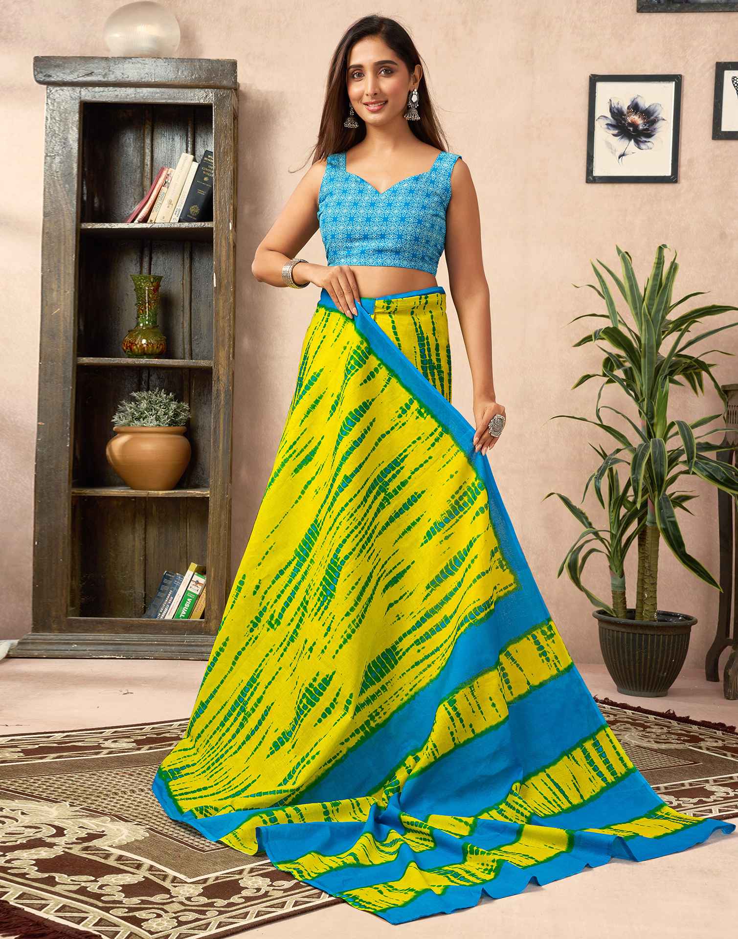 Ready To Wear Lemon Yellow Cotton Printed Saree With Pocket