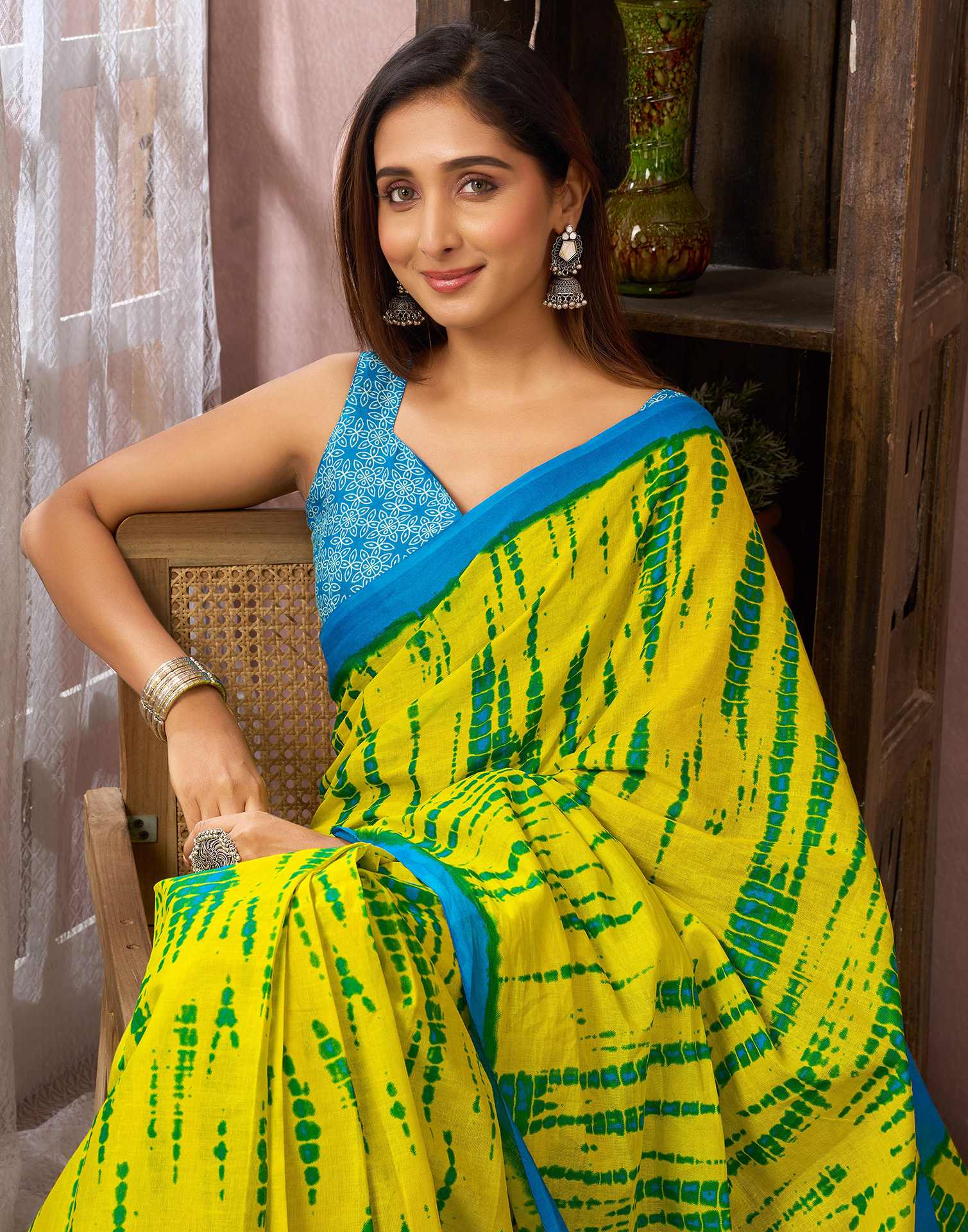 Ready To Wear Lemon Yellow Cotton Printed Saree With Pocket