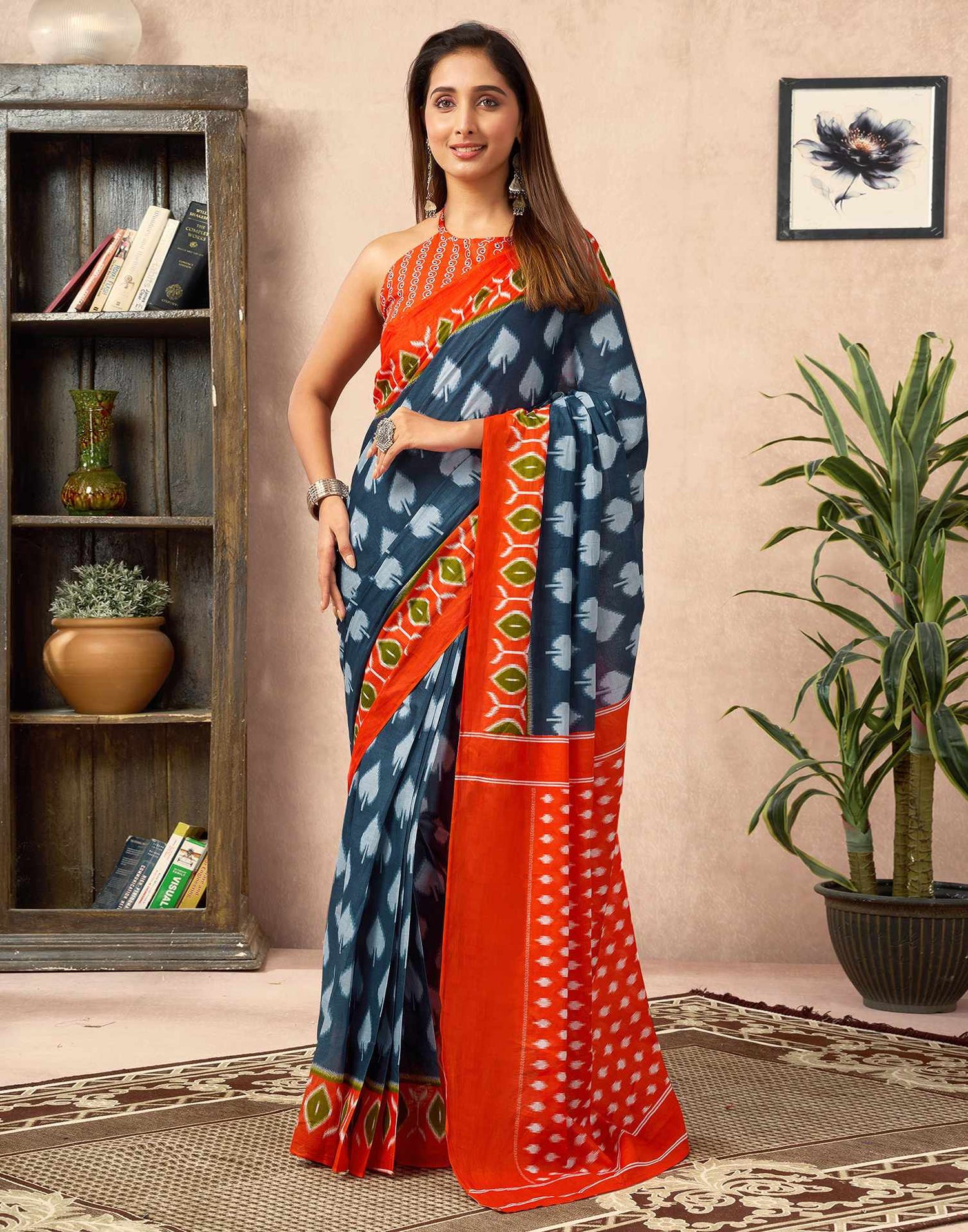 Ready To Wear Dusty Blue Cotton Printed Saree With Pocket