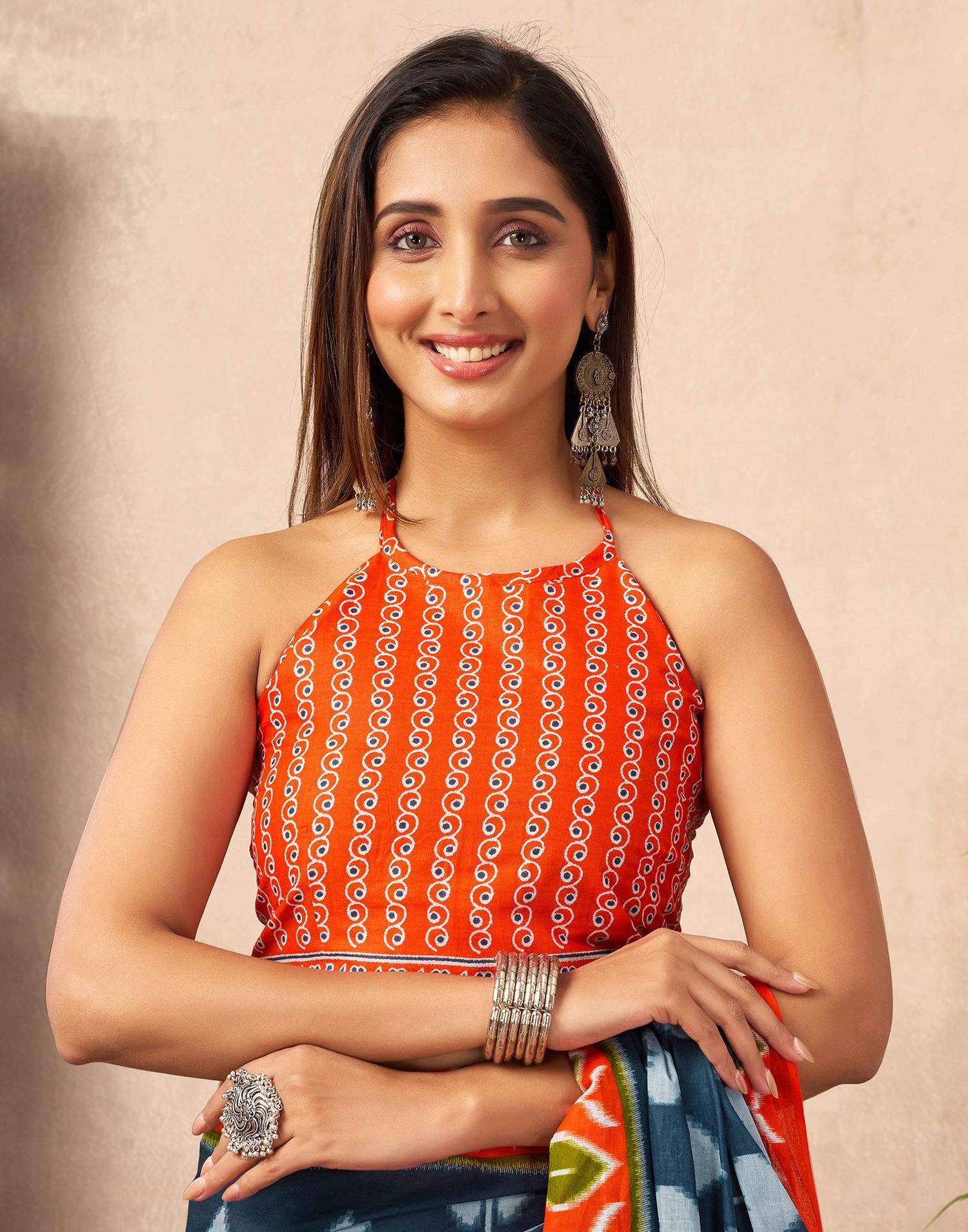 Ready To Wear Dusty Blue Cotton Printed Saree With Pocket