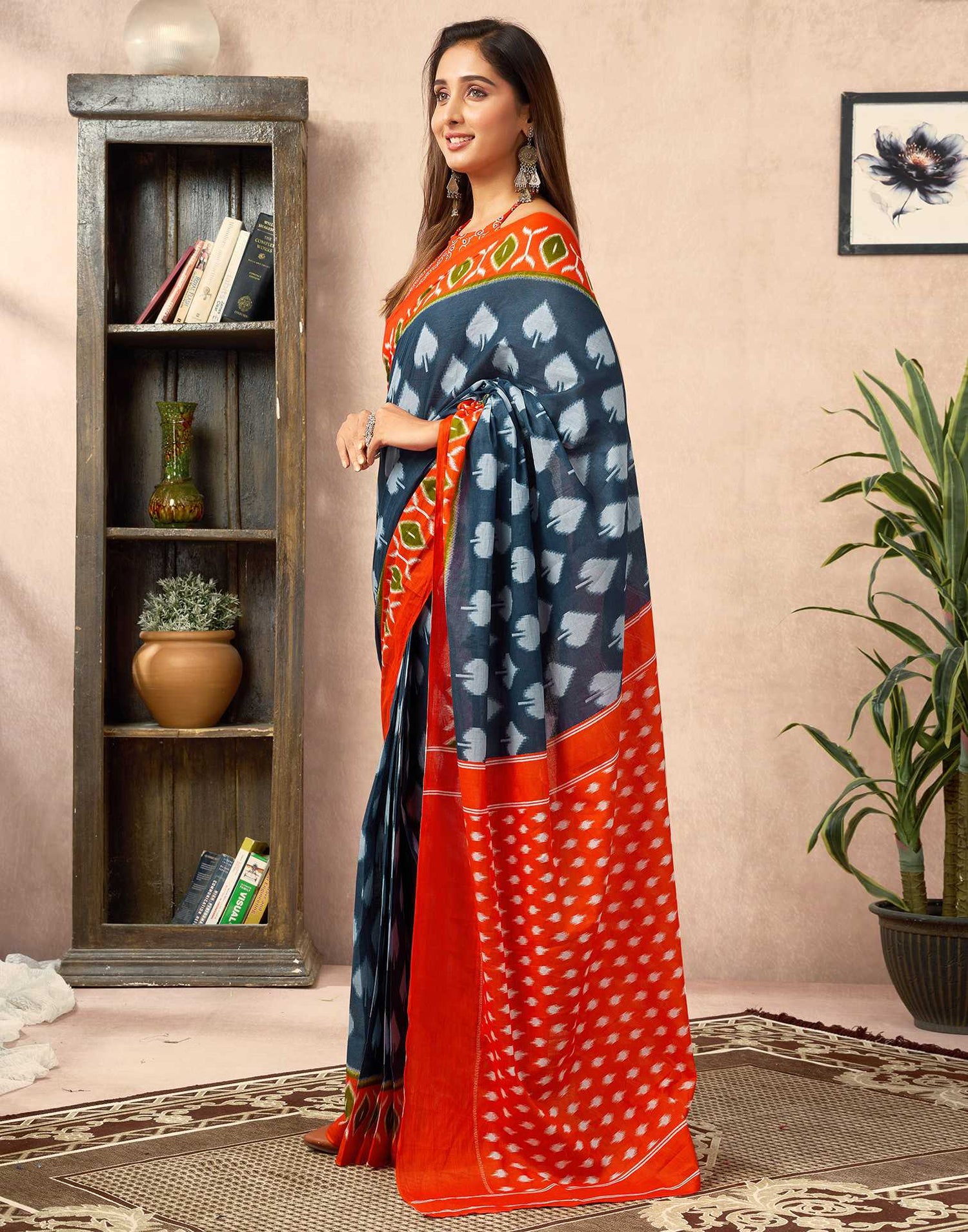 Ready To Wear Dusty Blue Cotton Printed Saree With Pocket