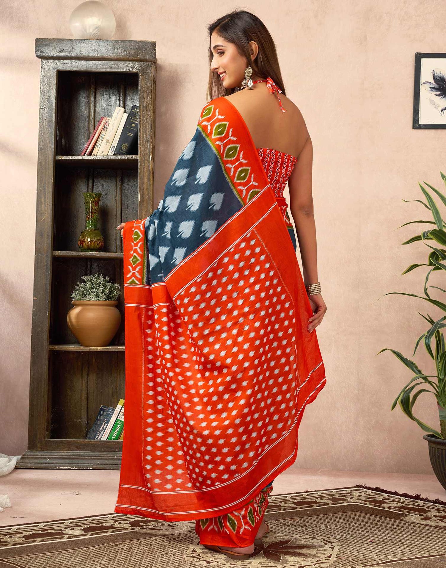 Ready To Wear Dusty Blue Cotton Printed Saree With Pocket
